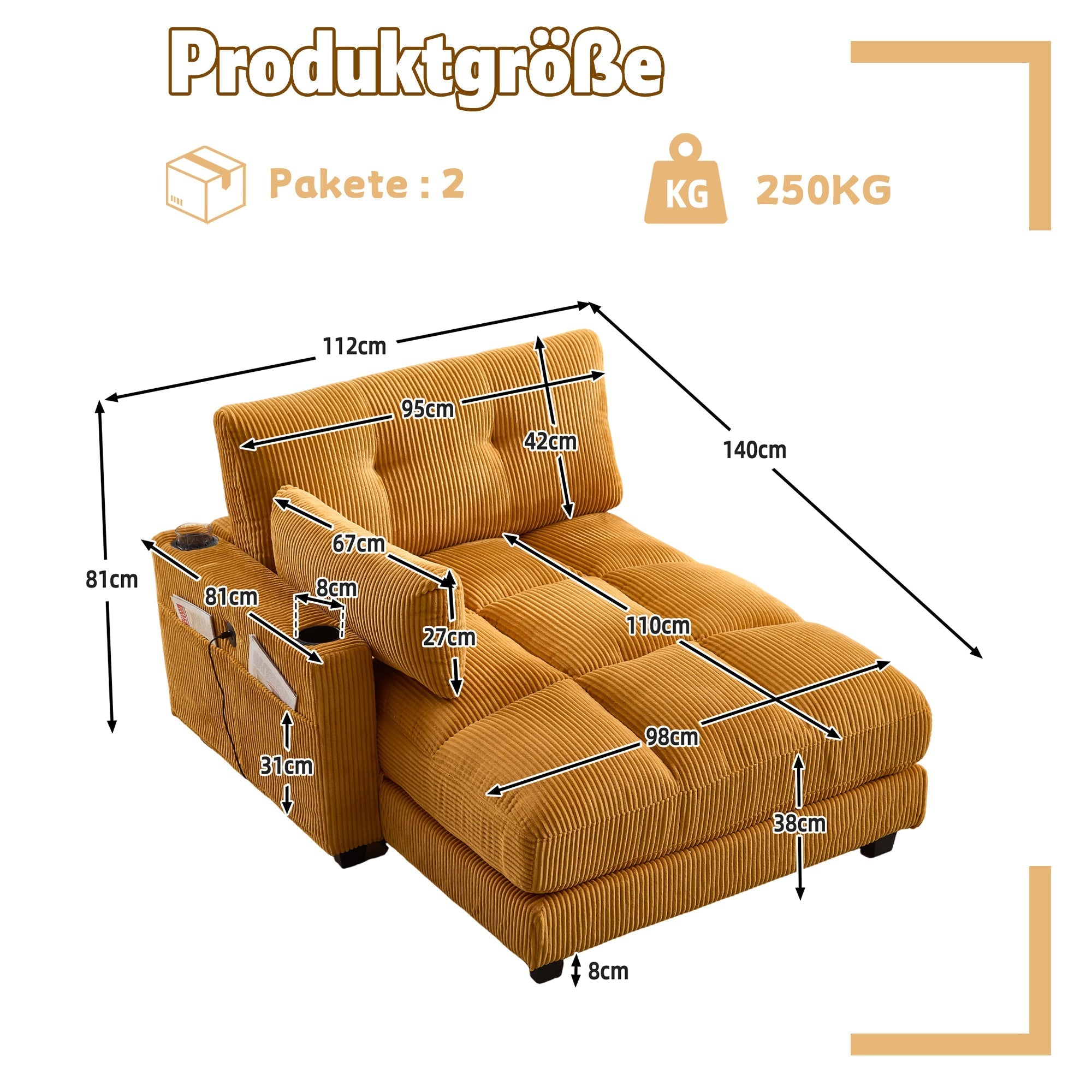 Palm Chair with Fluffy Cushions, Headrest, 3-Cup Holder & Side Pocket, Mustard