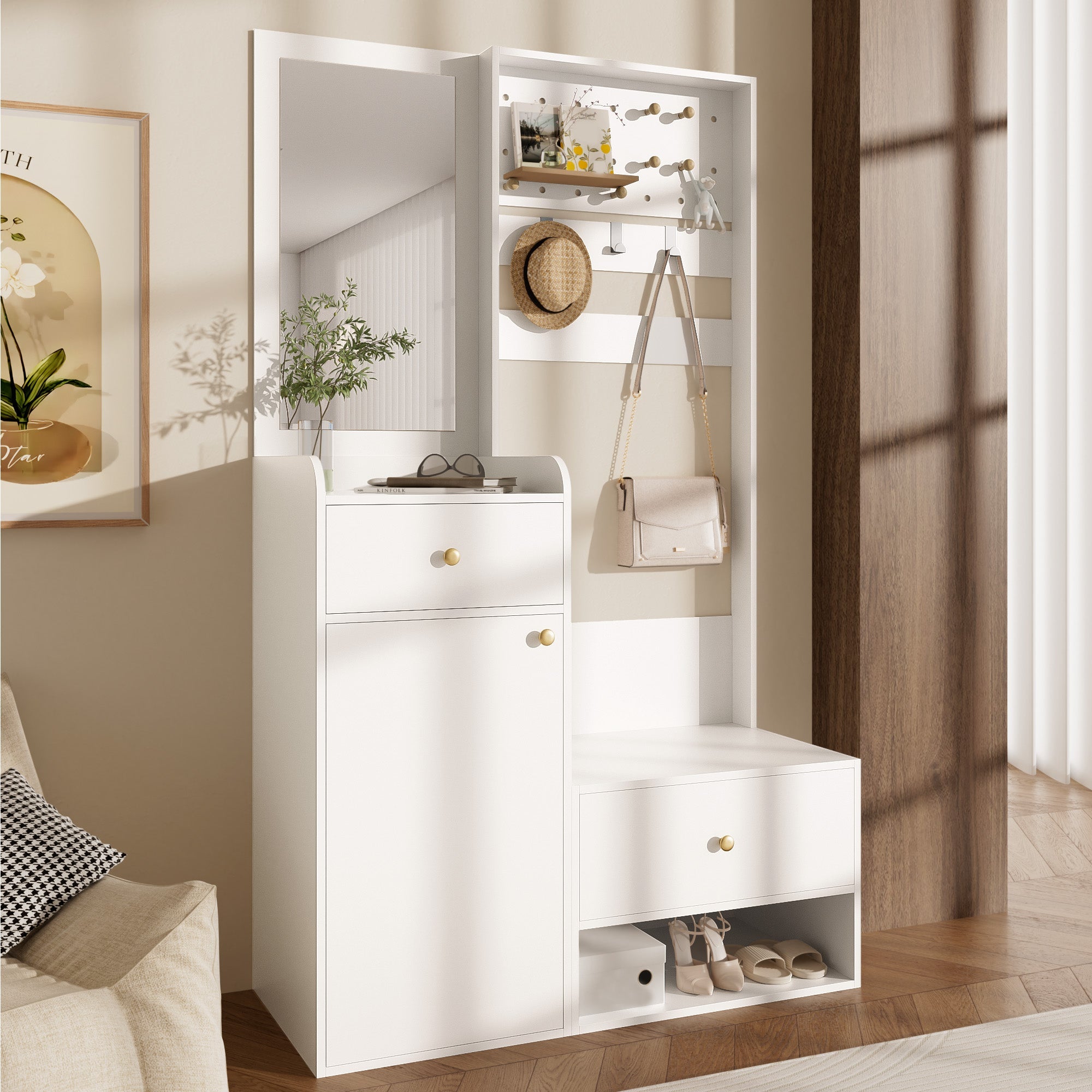 Compact Wardrobe, Entryway Shelf with Mirror, Adjustable Hooks, Shelves, 105 cm, White