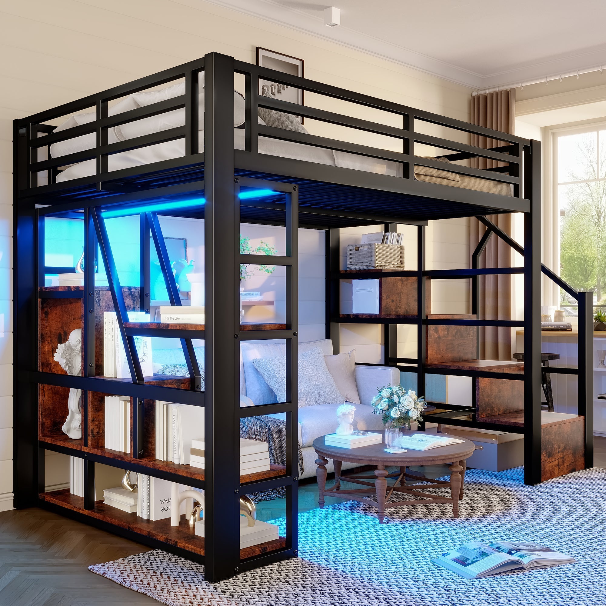 Loft Bed 140x200cm Iron Frame, Storage, Steps, LED, Black