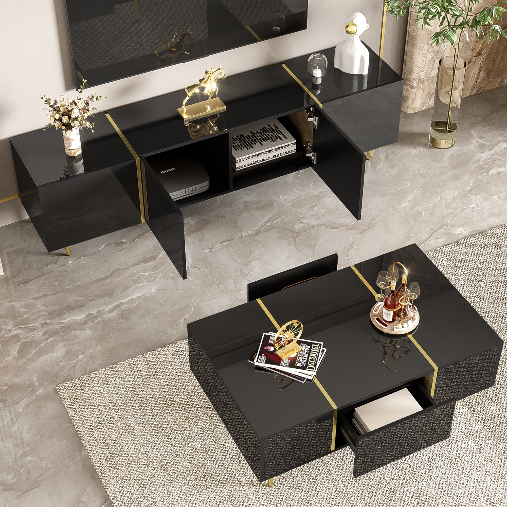 TV Cabinet and Coffee Table Set, High Gloss, Black