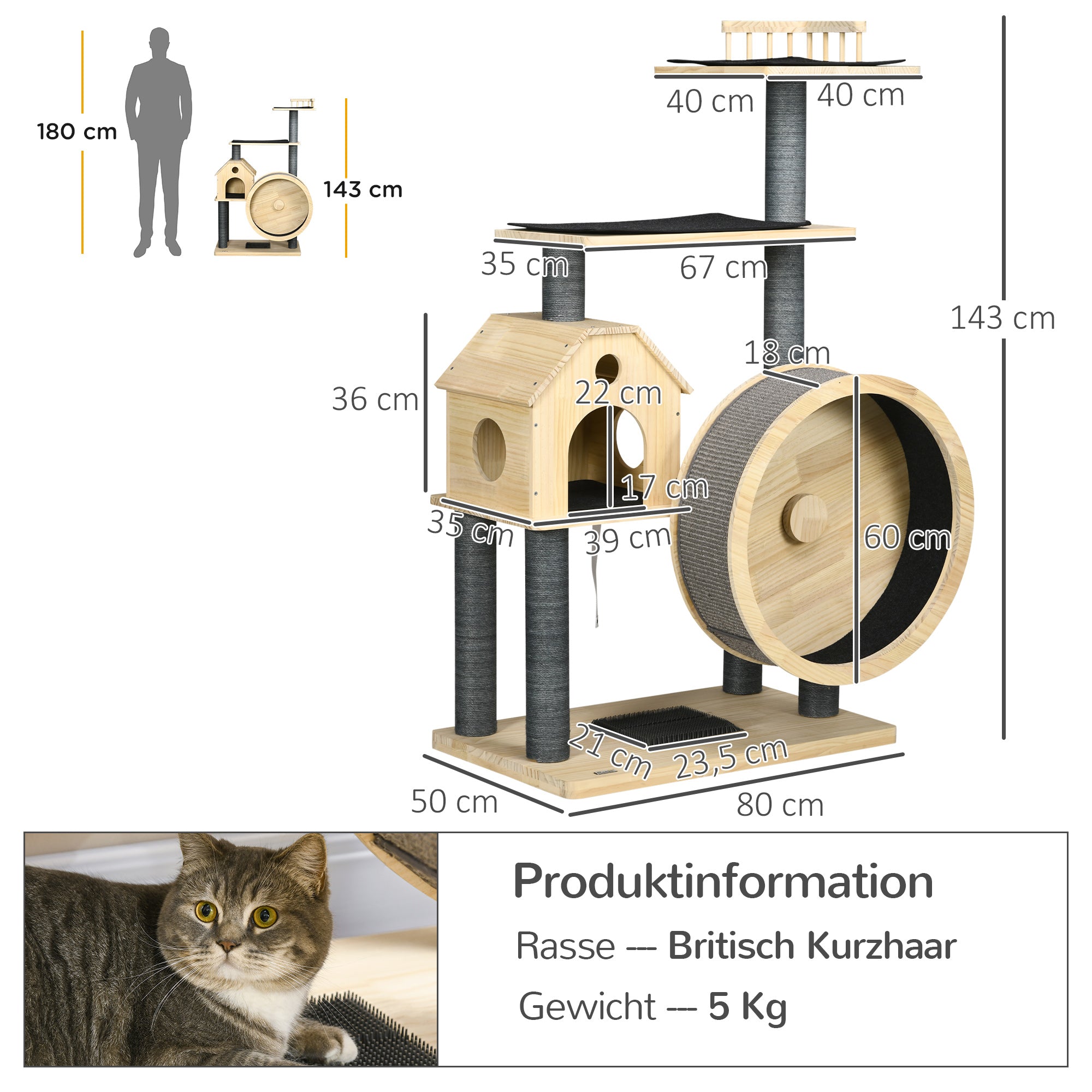 Cat Tree with Exercise Wheel 4 Levels Sisal Posts, Pine Wood