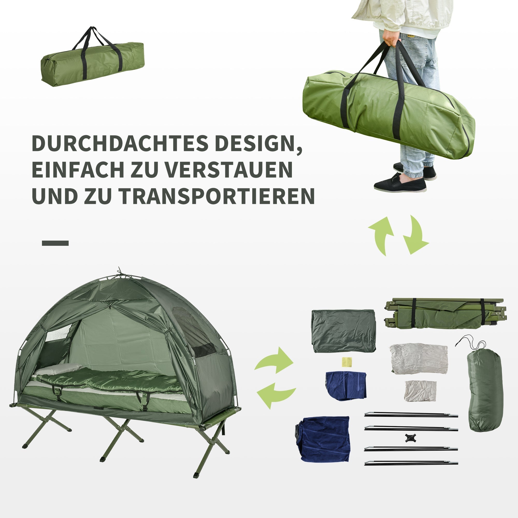 4-in-1 Camping Bed Set Tent Sleeping Bag Mattress Foldable, Dark Green