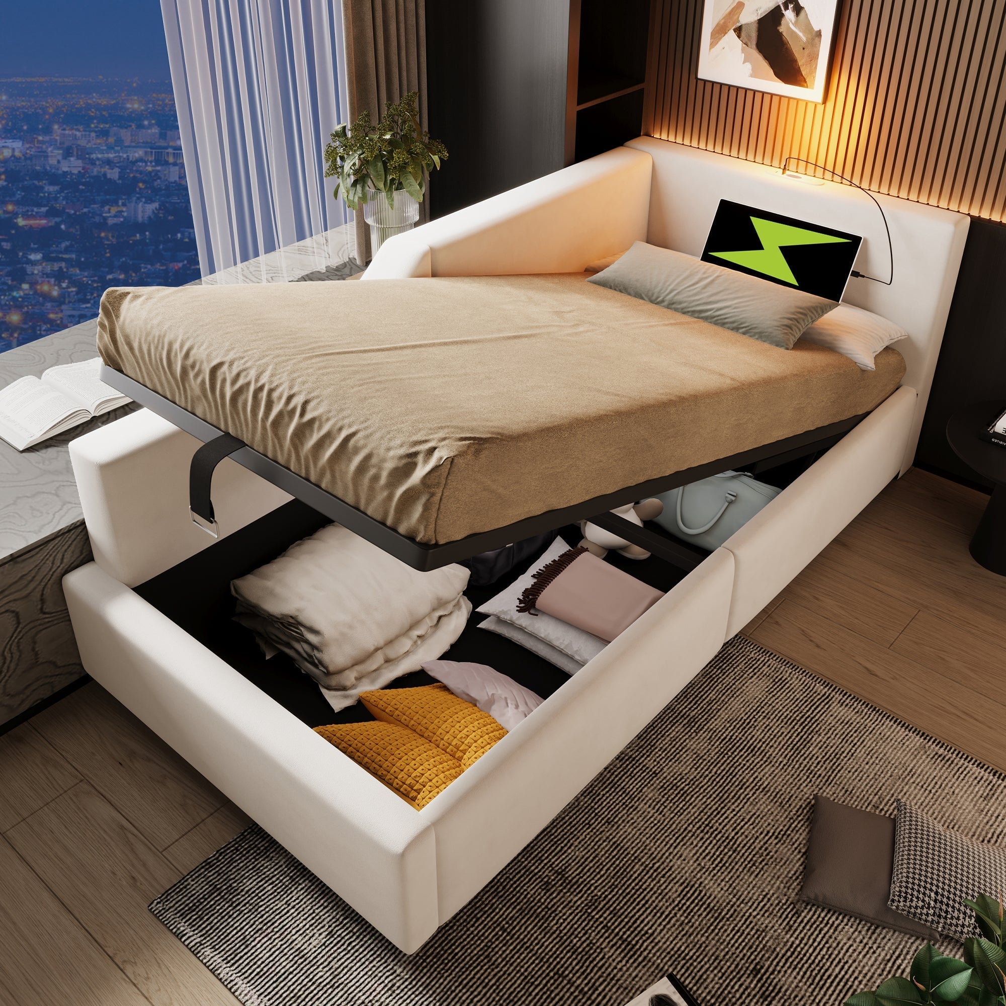 Daybed, 90x200cm Sofa with Hydraulic Storage, Reading Light & USB-C, Velvet Beige