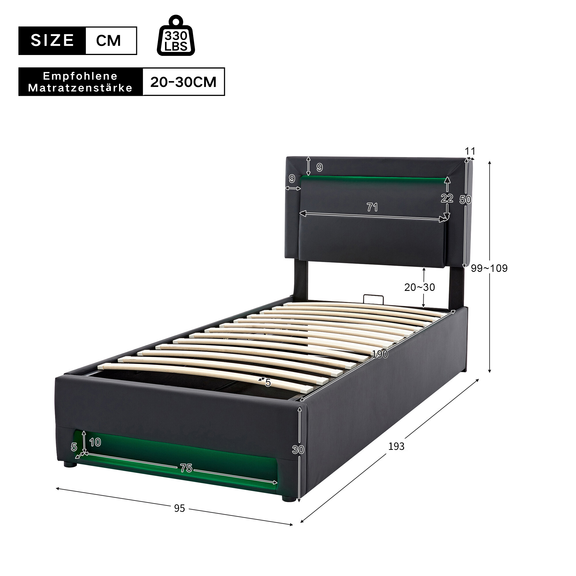 Upholstered Bed 90 x 190 cm with USB Charging, LED Lighting and Storage, Black PU Leather
