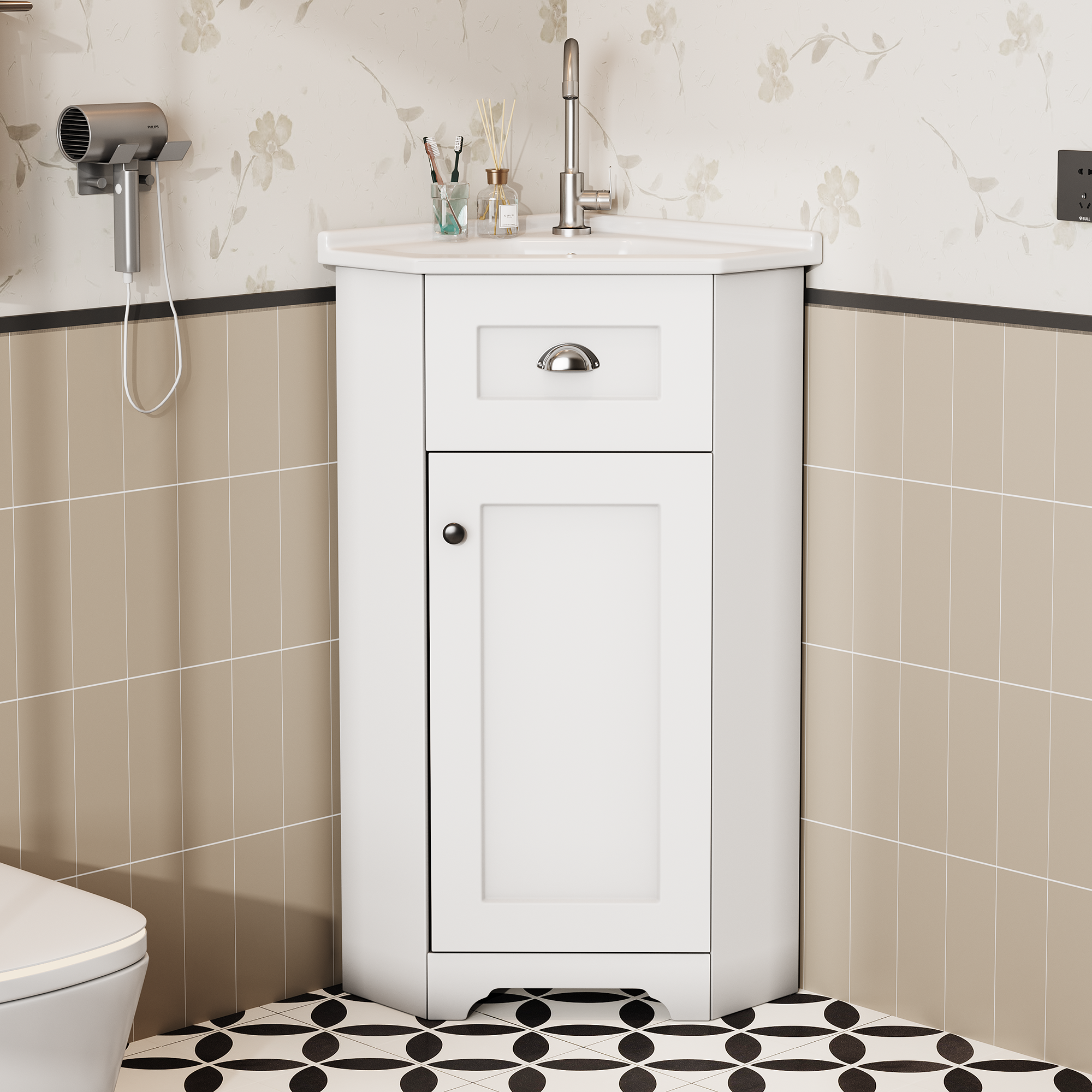 Bathroom Cabinet with Single Ceramic Sink and Waterproof MDF Body, White