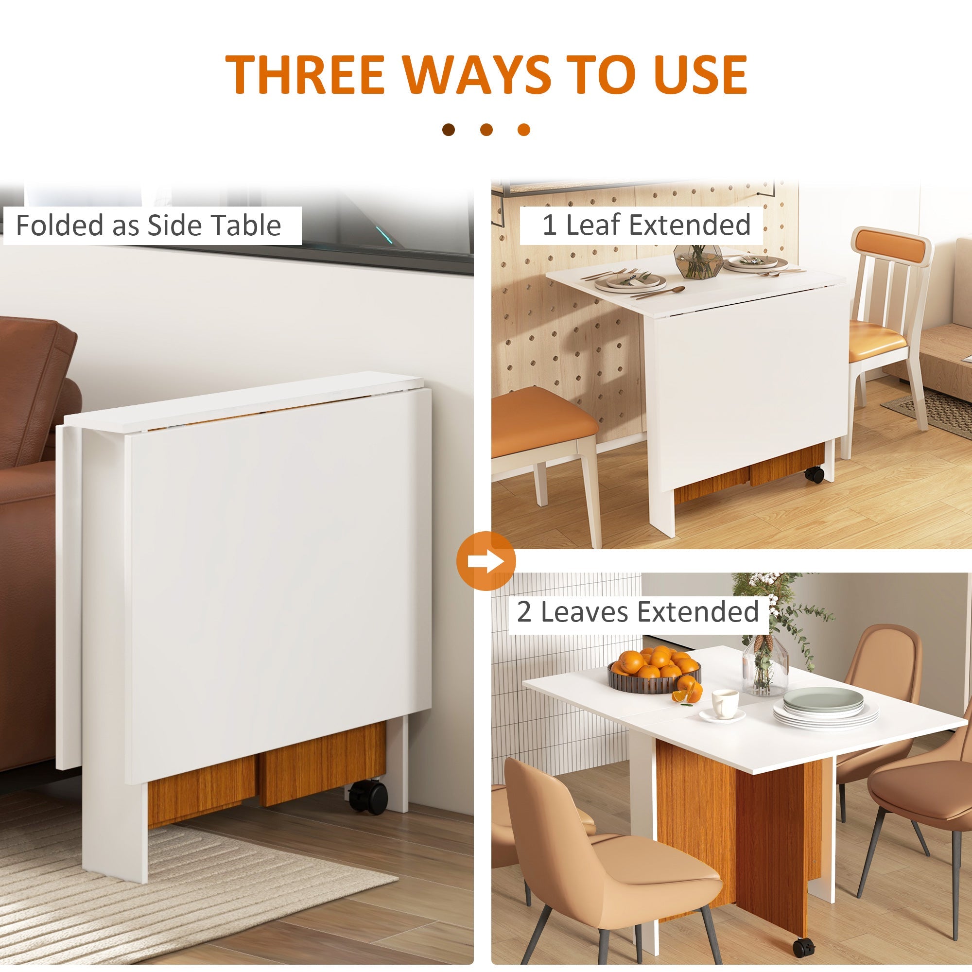 Folding Dining Table Writing Desk Workstation with Casters, Teak/White
