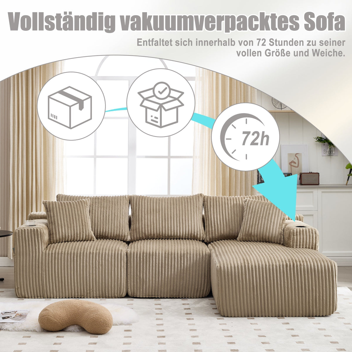 Modular Sofa Set Chaise & 2-Seater, 5 Cushions, Drink Holders, Corduroy Fabric