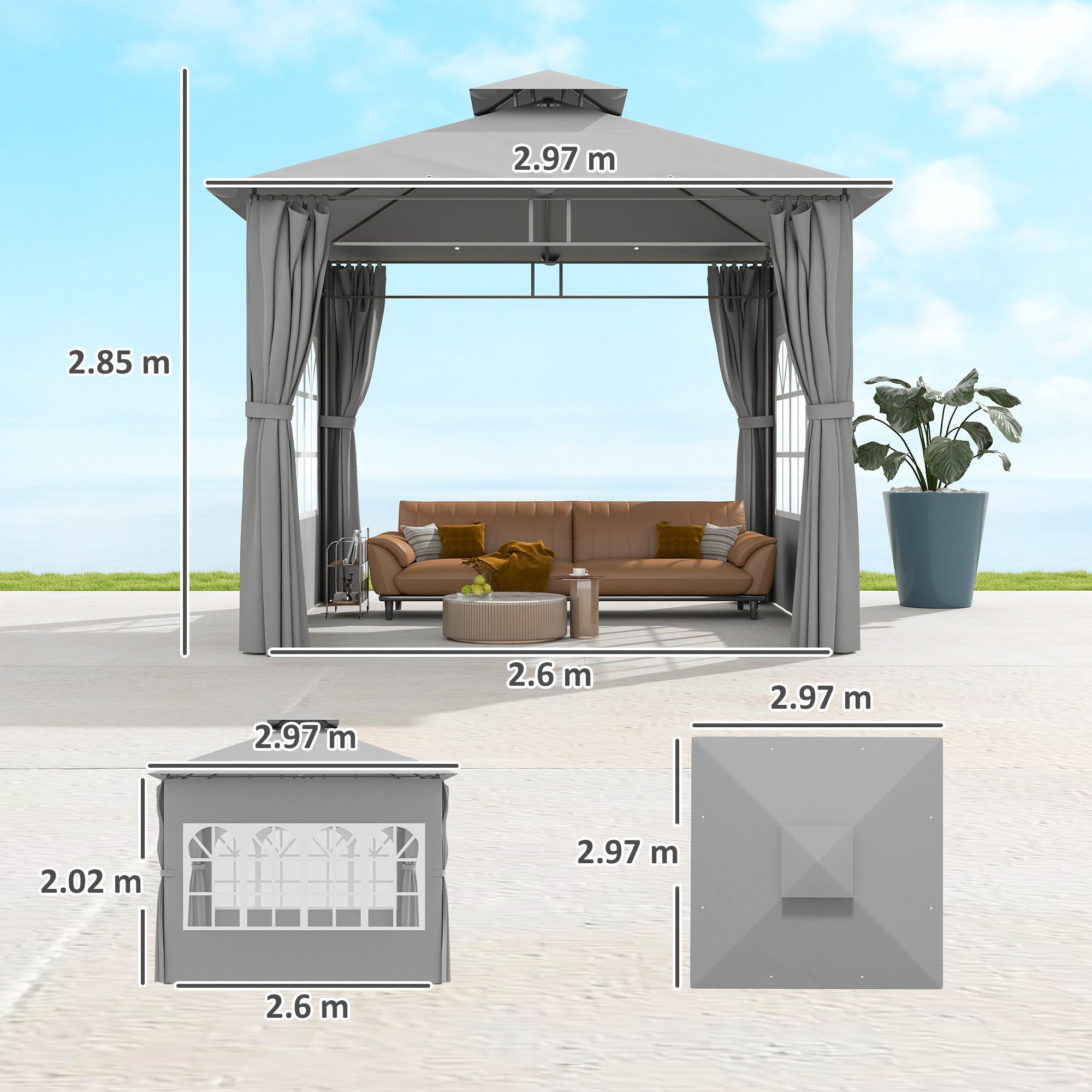 Garden Gazebo 3x3m Double Roof with Sidewalls, Light Grey