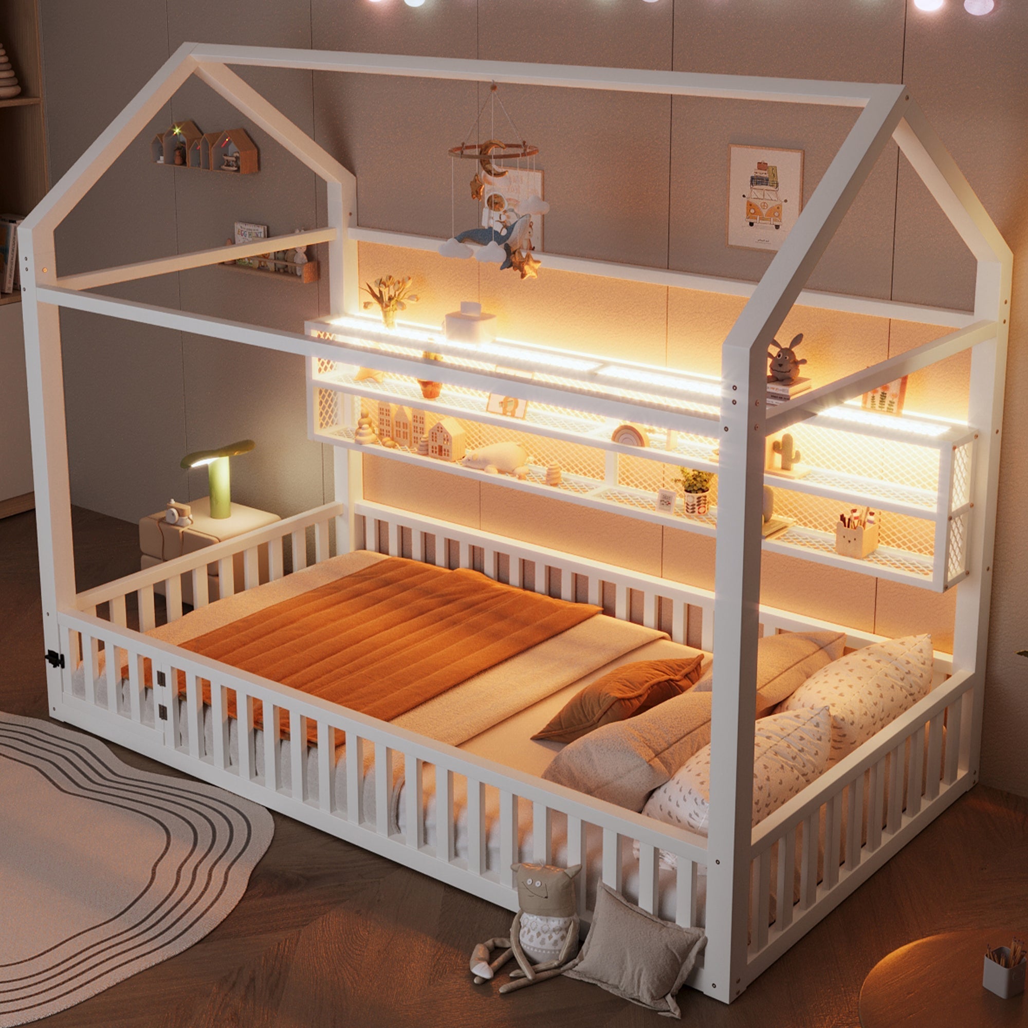 House-Shaped Platform Bed with Fence and LED Lighting, 90x200cm, White Metal