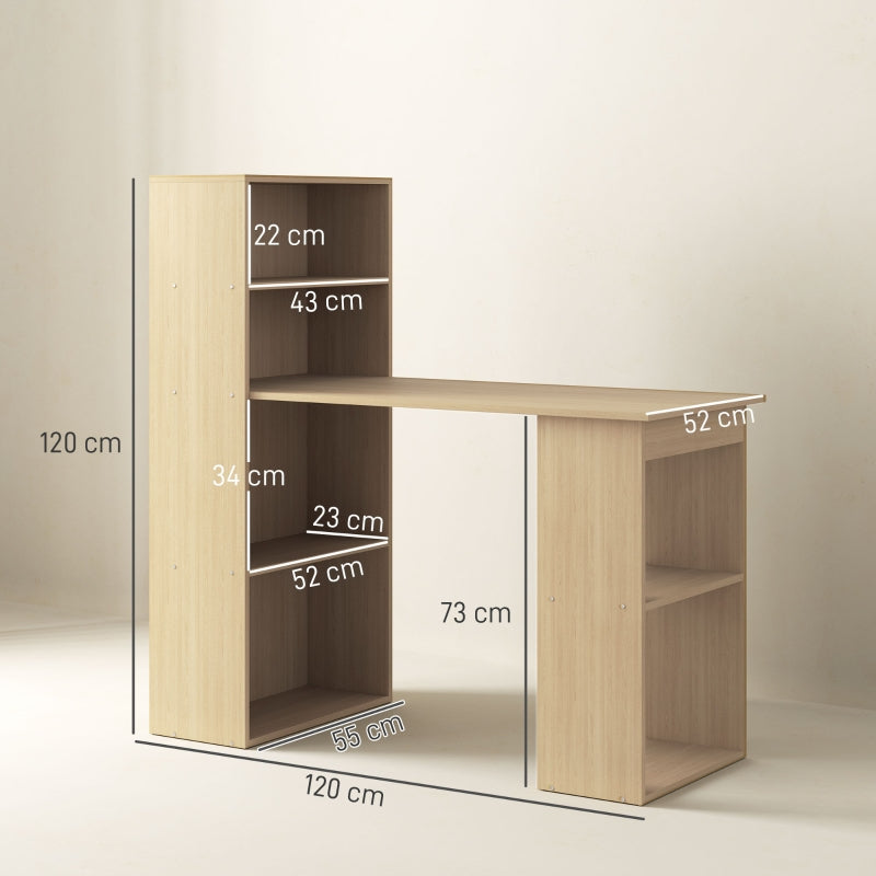 120cm Computer Desk with 6-Tier Storage Bookshelves, Natural Wood