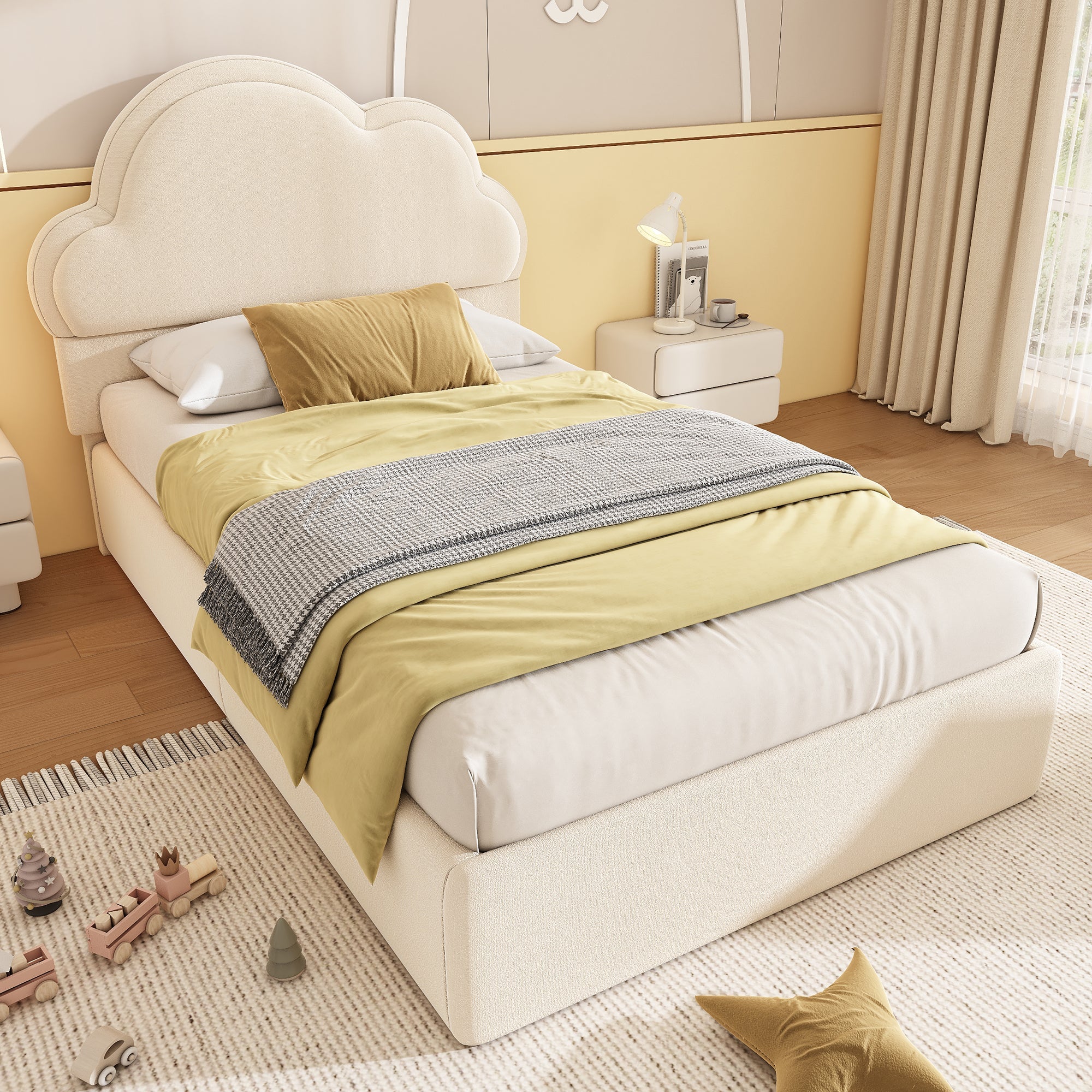 Upholstered Bed, 3ft Single Hydraulic Storage with Cloud Backrest, Beige Velvet