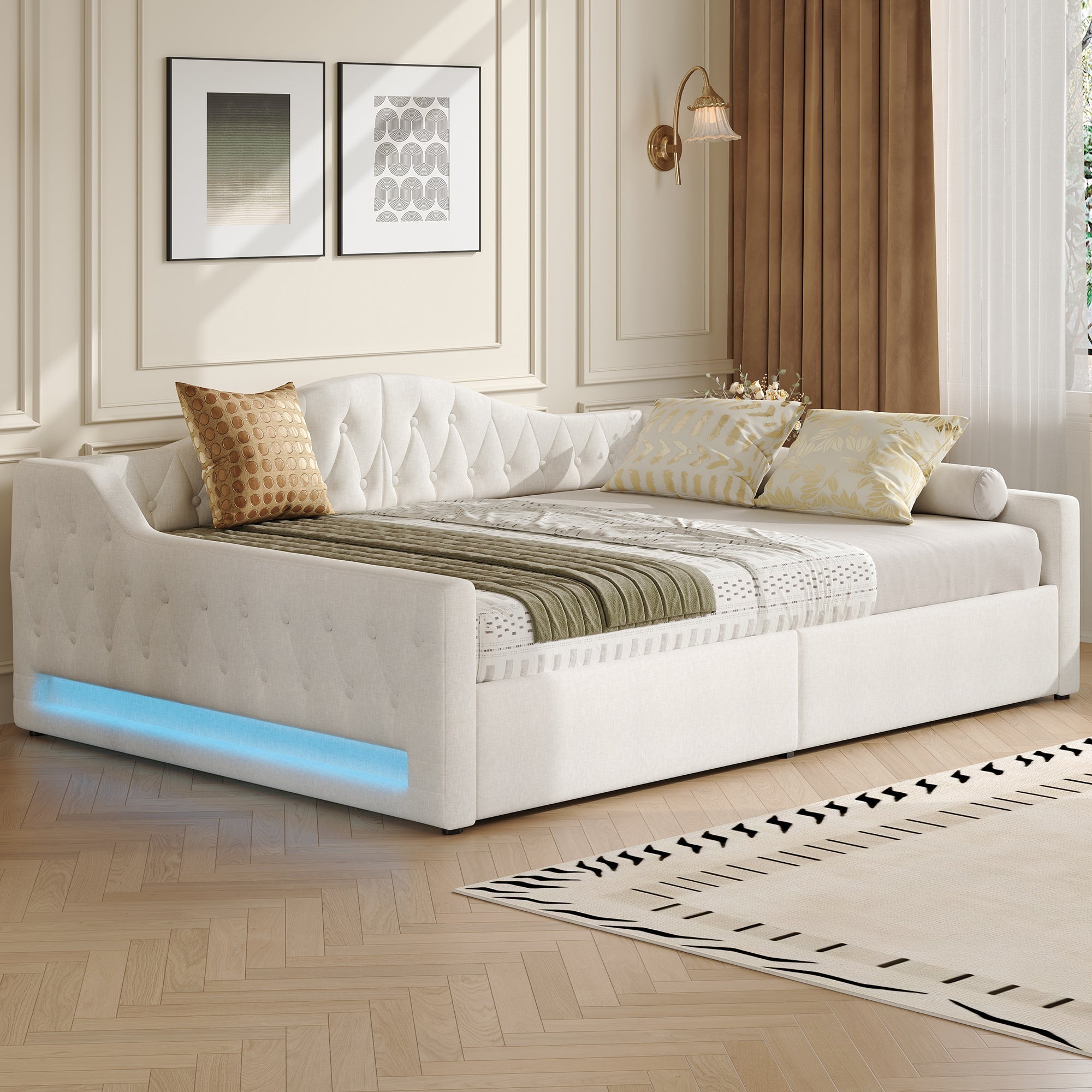Upholstered Daybed 140x200 LED Storage - Beige