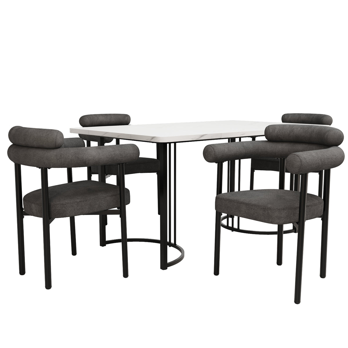 Dining Set (5-Piece) - 4 Armchairs, Designer Metal Legs - Grey Suede