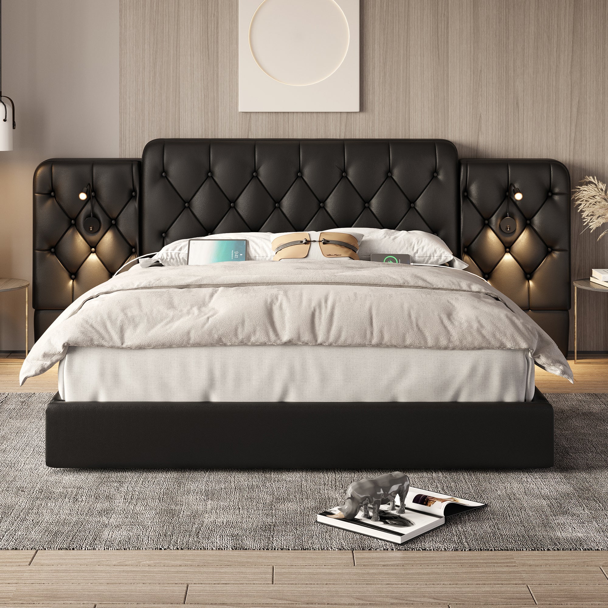 Bed Frame with Long Headboard, USB, Desk Lamp, Hydraulic Storage, 180x200cm - Black Velvet