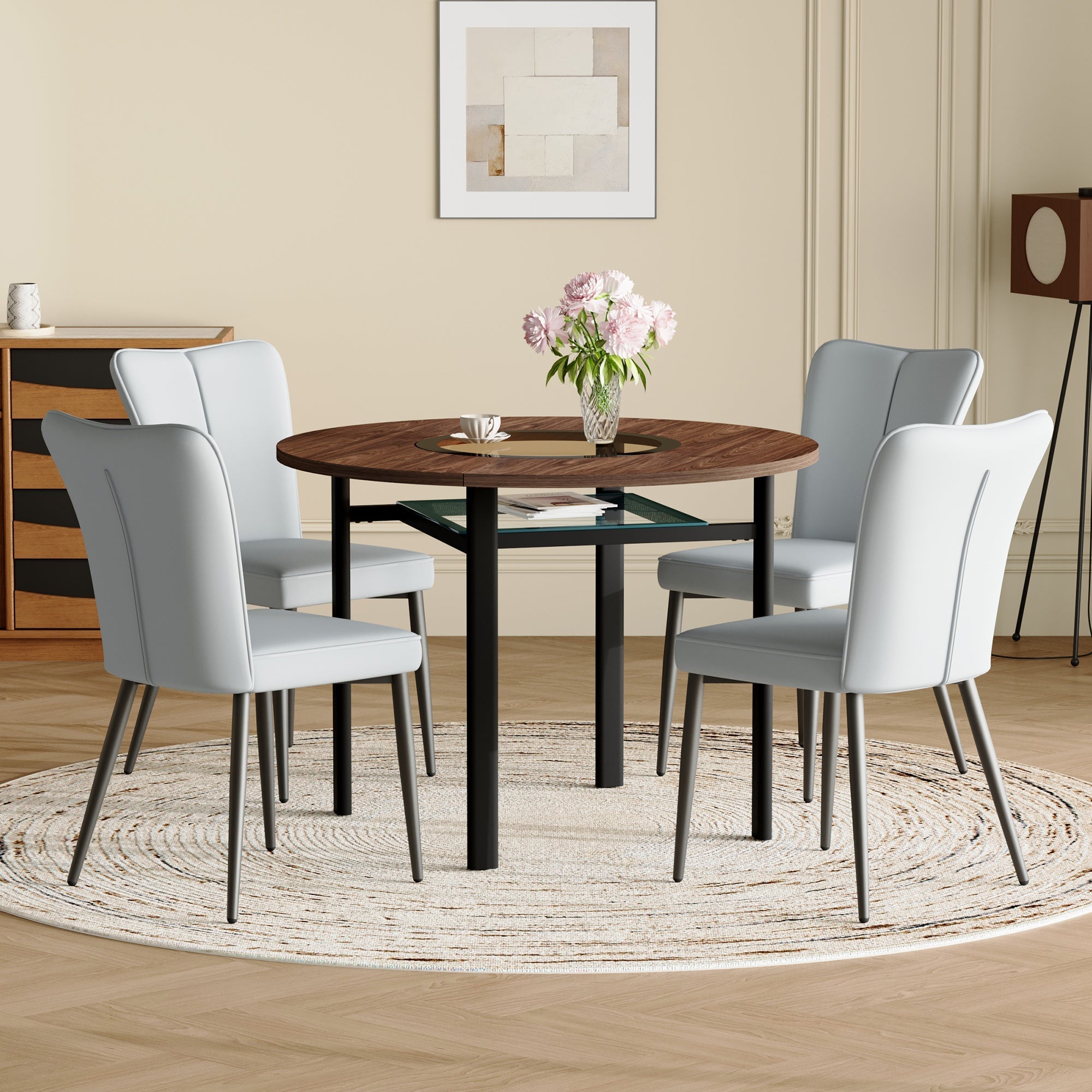 Round Dining Table Set 100cm with 4 PU Chairs - Wood Look/Light Grey