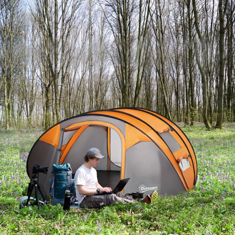 Pop-up Camping Tent 4-5 Person, 2 Mesh & PVC Windows, Orange