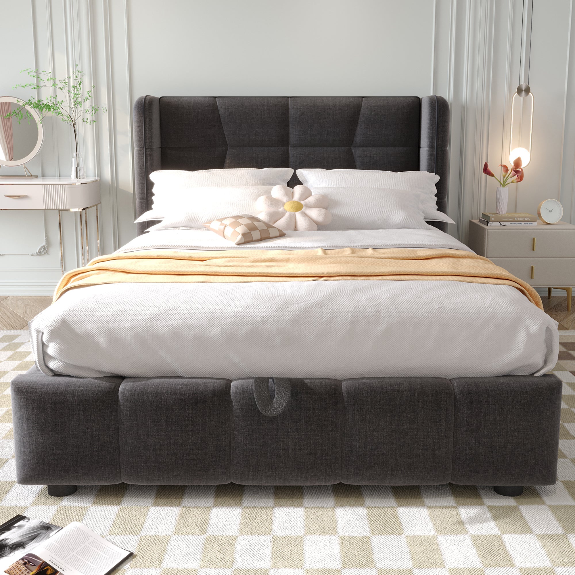 Upholstered Bed 90x200cm Pneumatic Storage Slatted Base - Linen Grey