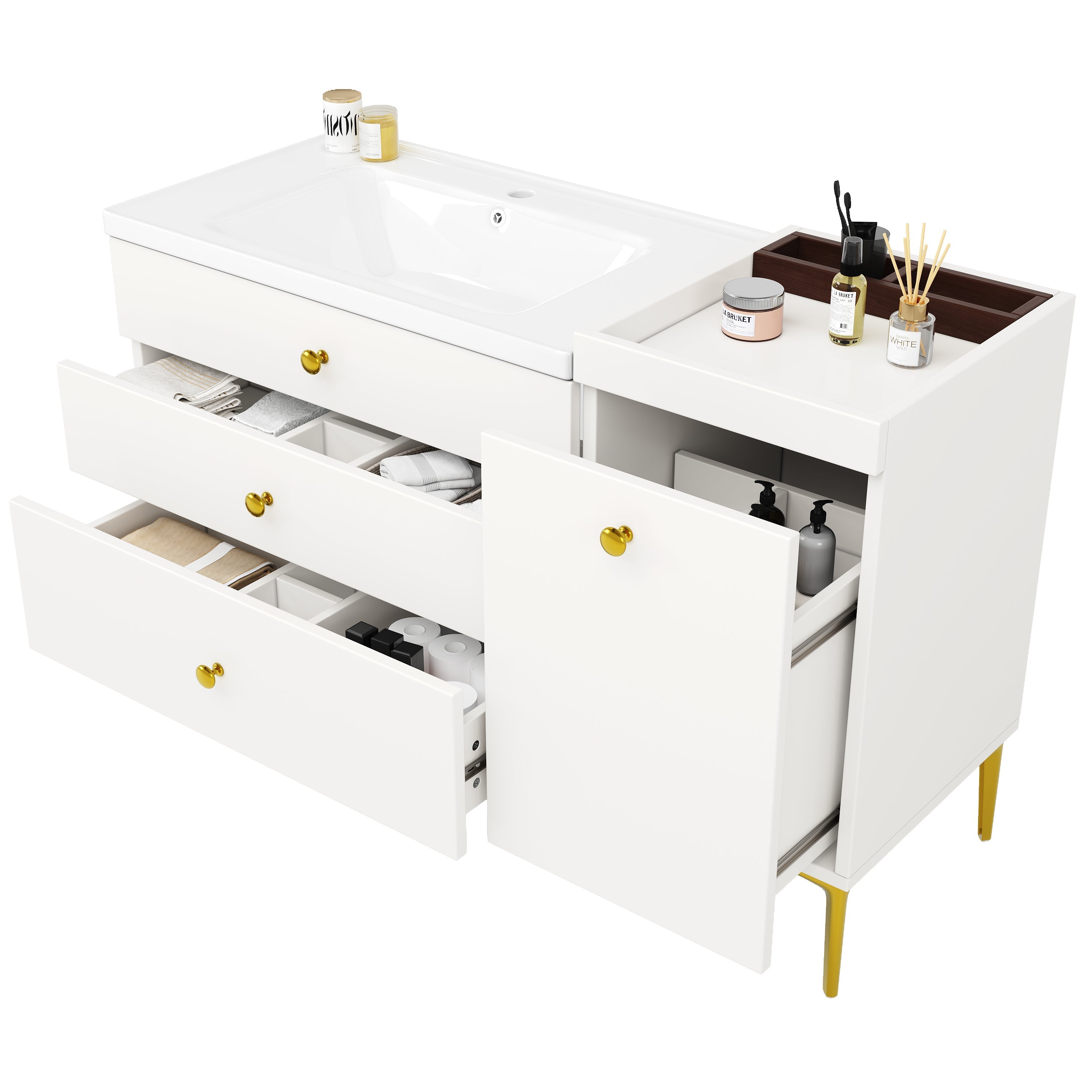 Bathroom Vanity Unit with Ceramic Sink and Storage Drawers, White and Gold