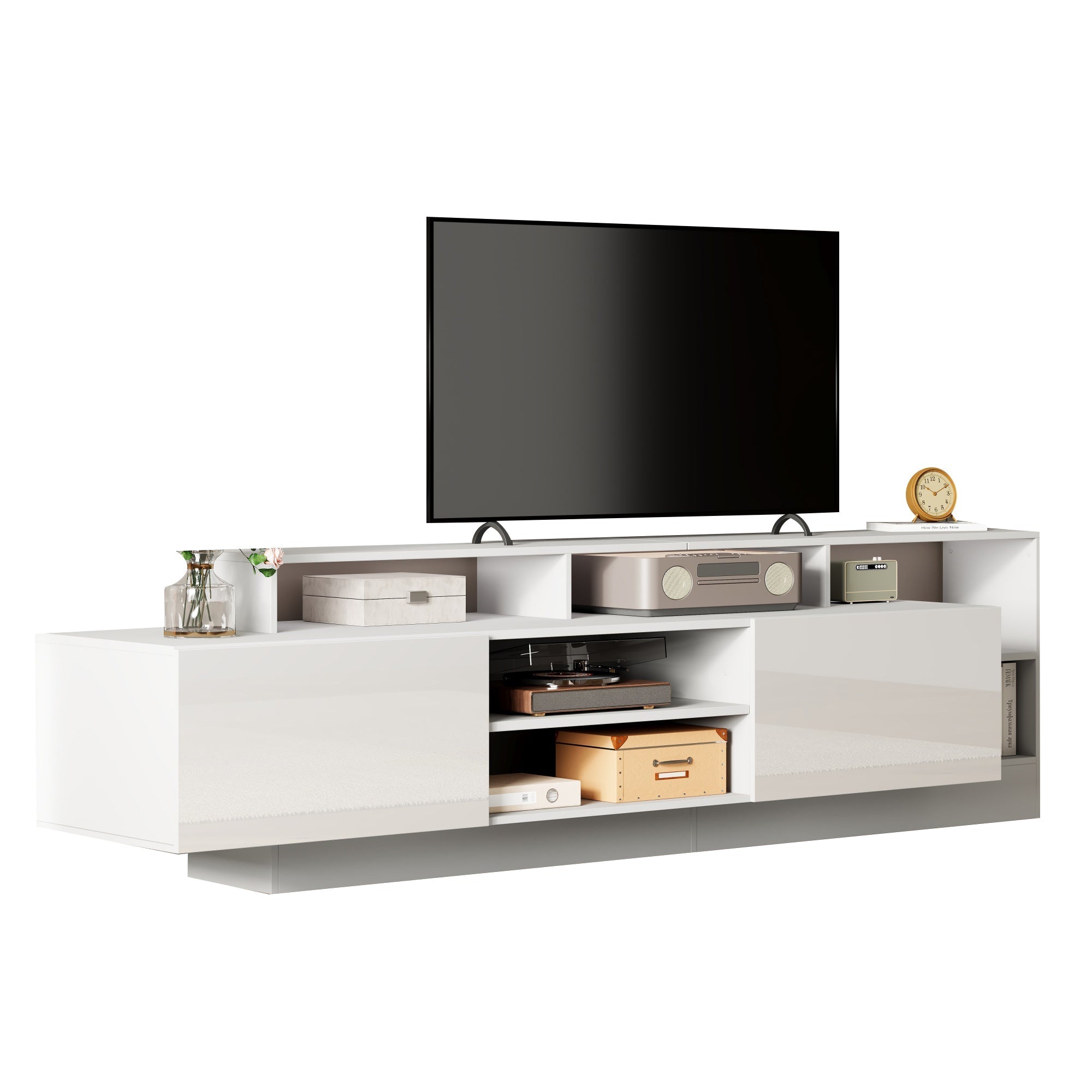 Modern TV Lowboard 190cm LED Open Storage for 70" TV - High-Gloss