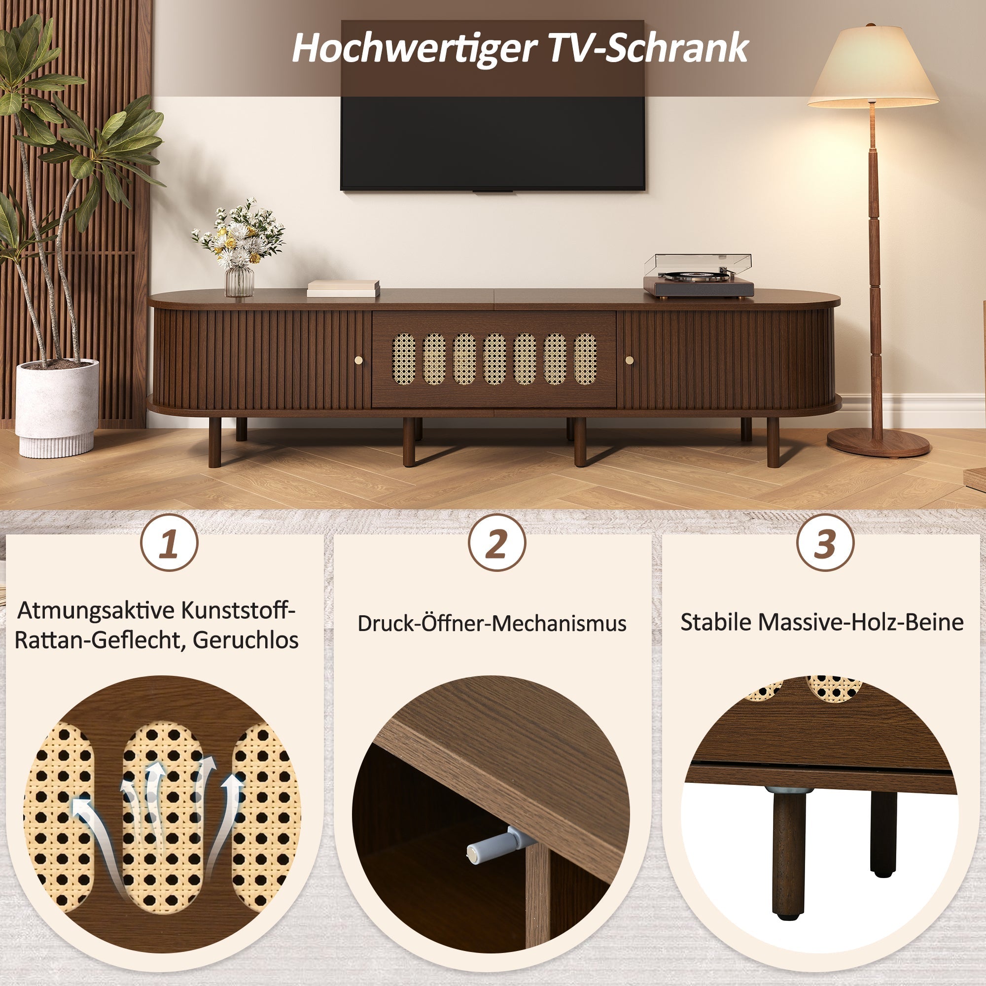 Oval TV Stand with Roll-Up Doors and Rattan Design, Dark Walnut MDF
