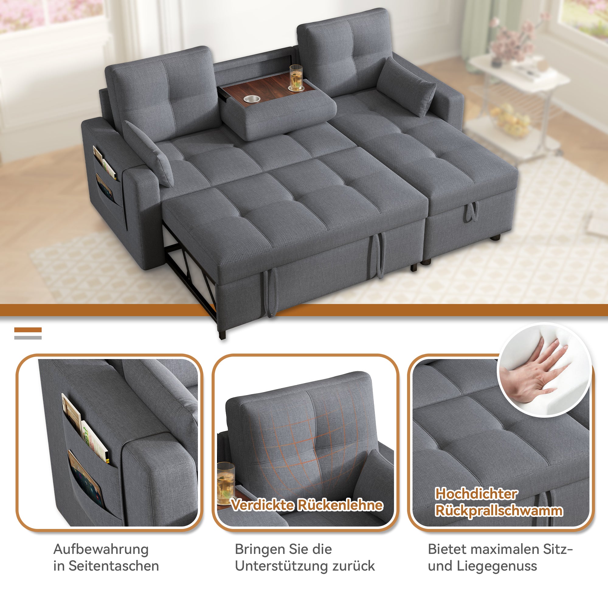 Modern L-Sofa Modular Pull-out Sofa Bed Sleeping Function Storage Cup Holder