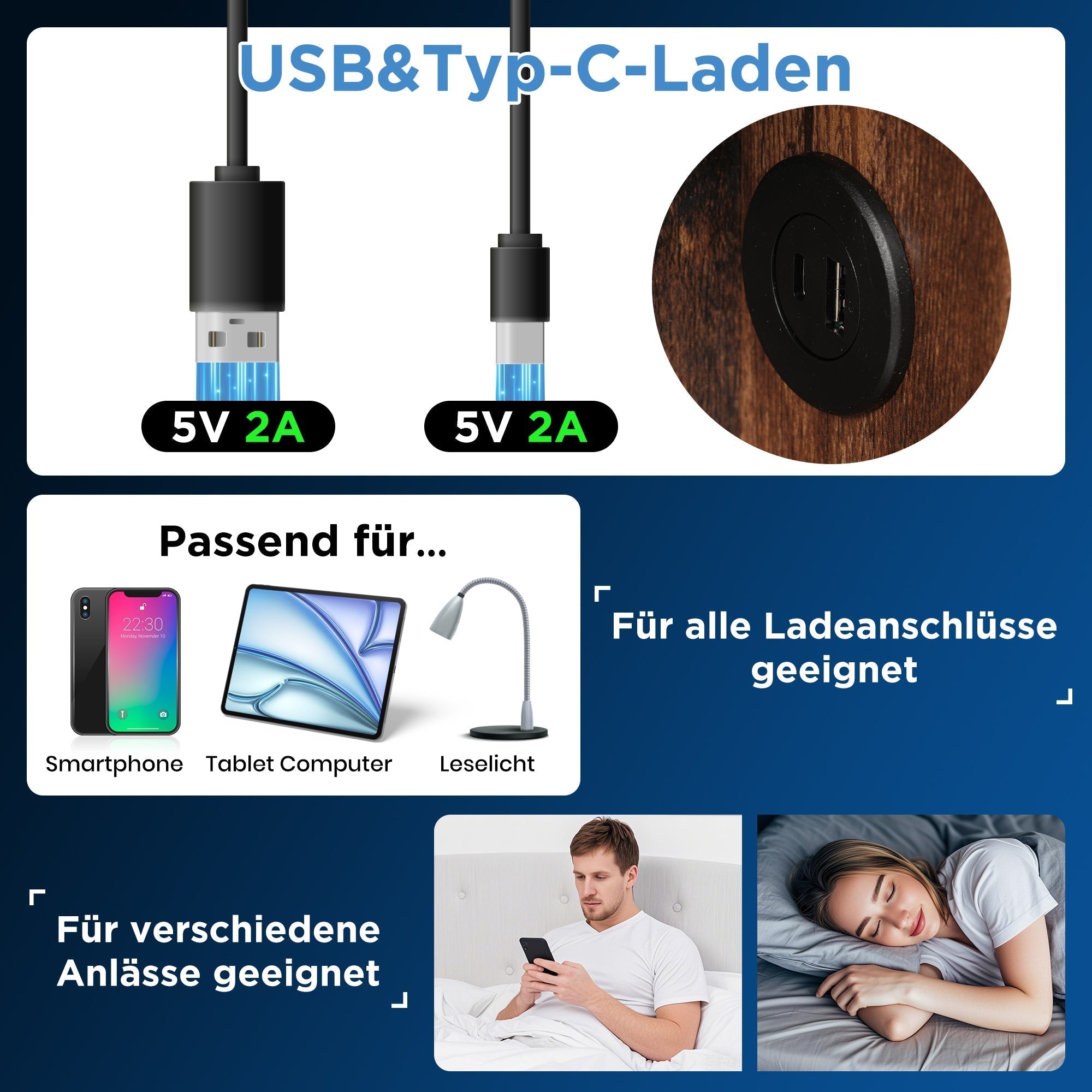 Double Bed Upholstered Frame 140x200cm, Wireless Charging USB C, Storage, Linen