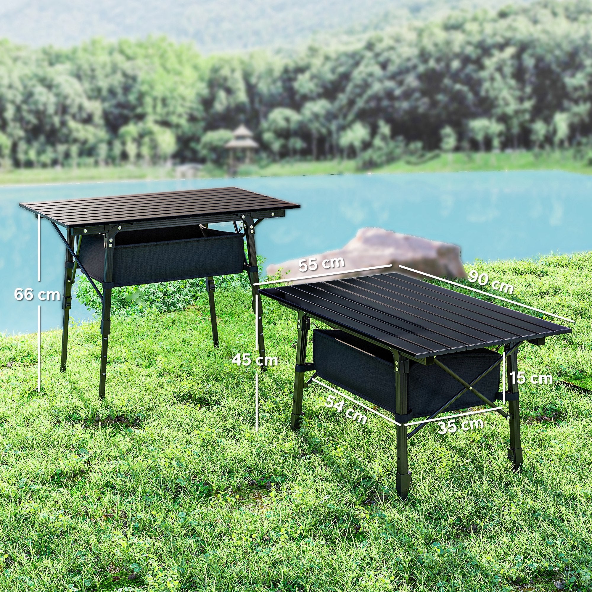 Camping Table, Foldable Adjustable Storage Basket Aluminum Black