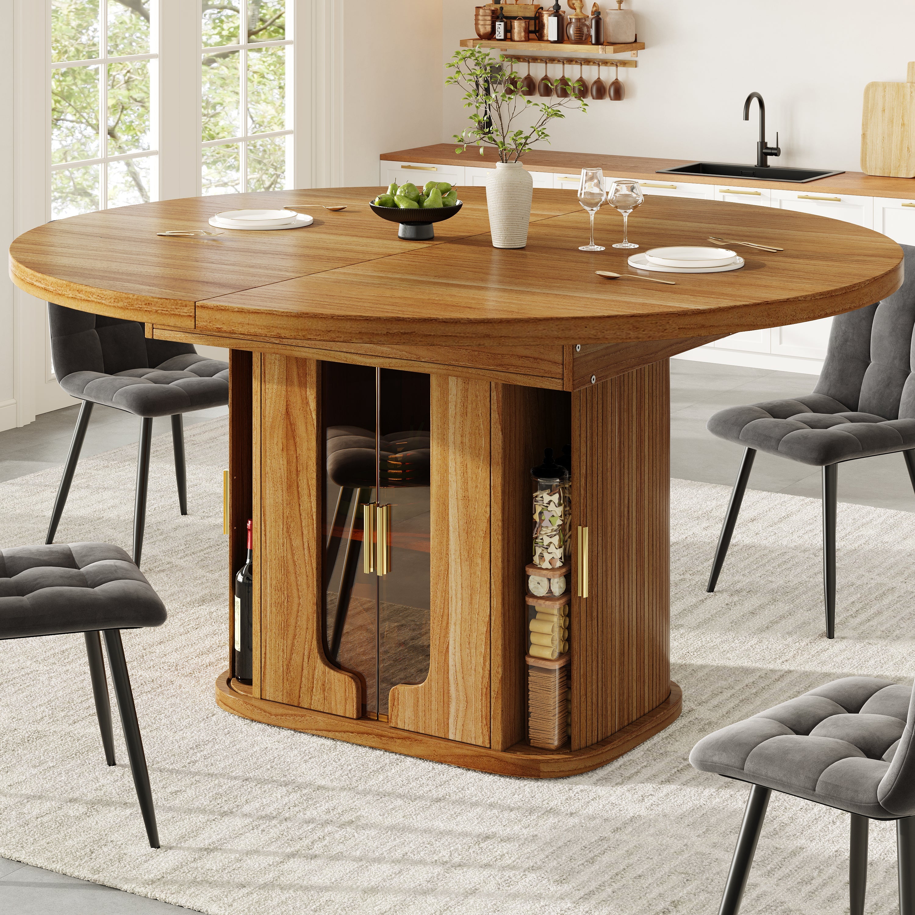Extendable Round Dining Table, Oval 118-158 cm Seats up to 6 with Glass Doors, Walnut