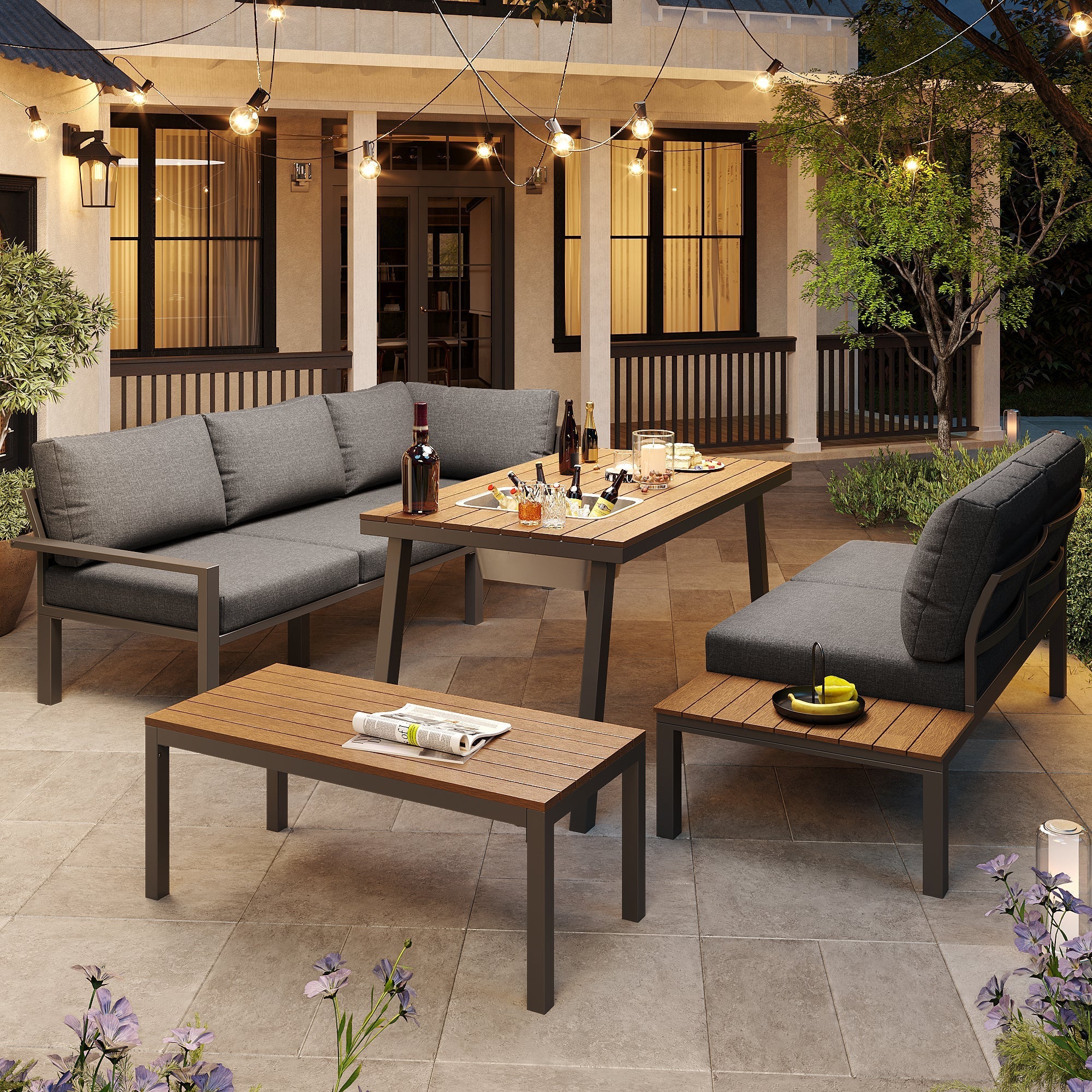 Outdoor Garden Lounge Furniture Set for 6-7 People, Galvanised Iron Frame, Grey