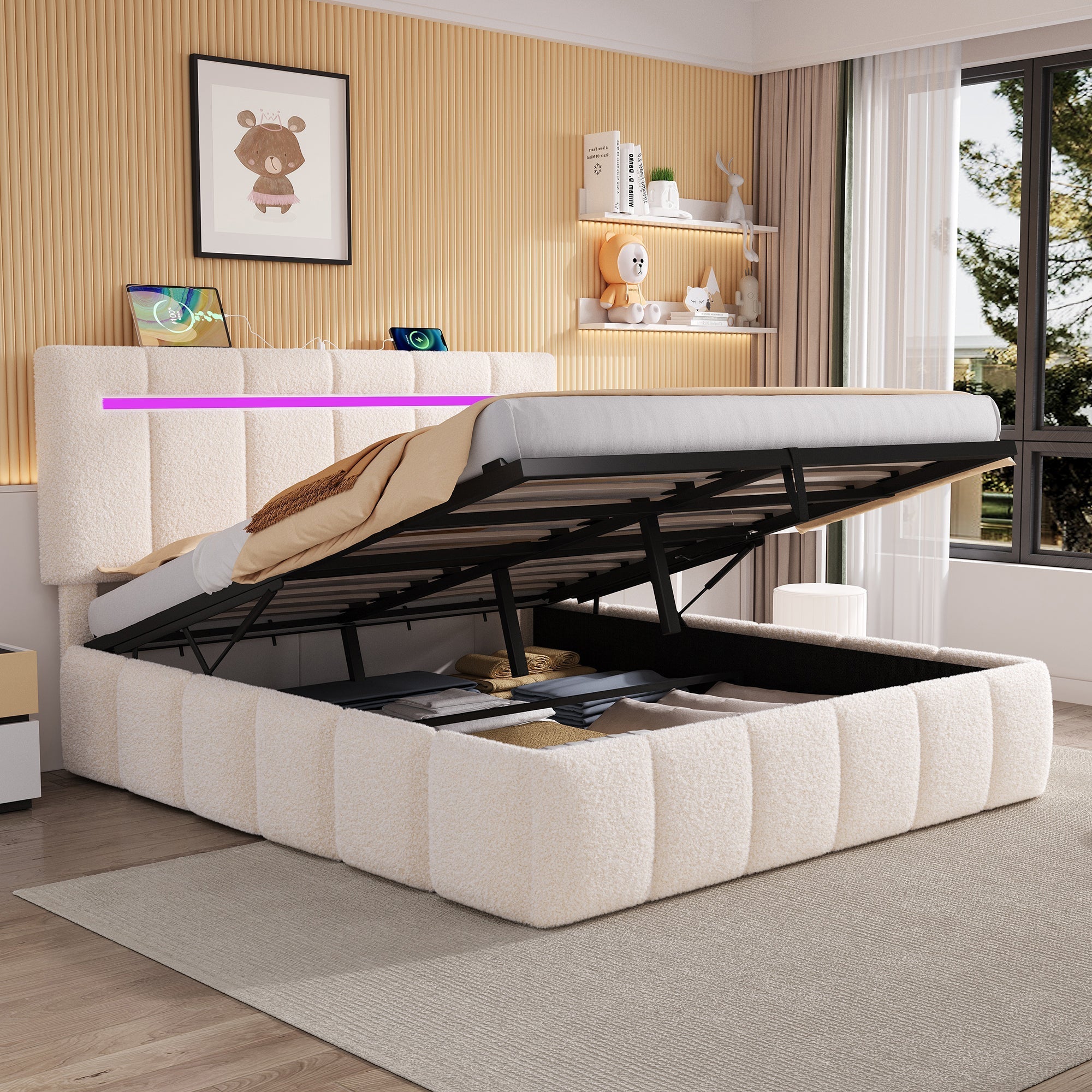 4ft6 Double Upholstered Bed Frame with Hydraulic Storage, LED Headboard, Boucle Fabric, Beige
