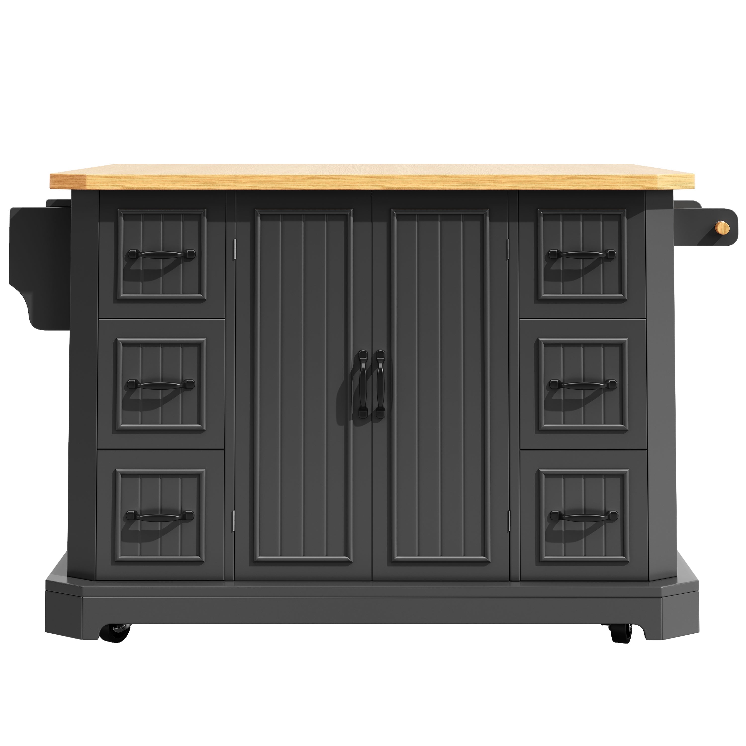Mobile Kitchen Island with 2 Doors and 6 Drawers, White and Black