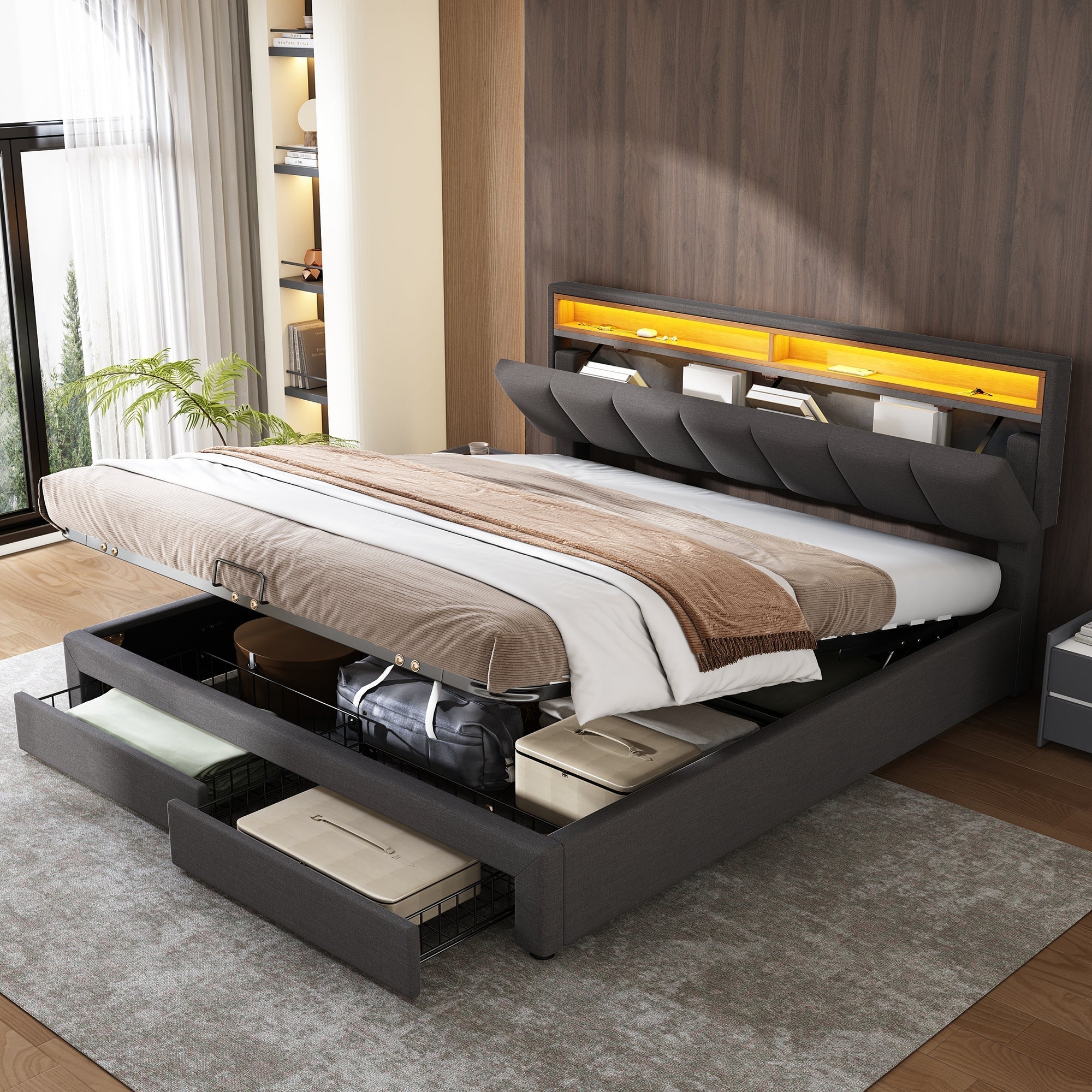 Upholstered Bed, Super King 6ft Hydraulic Storage with LED Lighting, Linen Grey