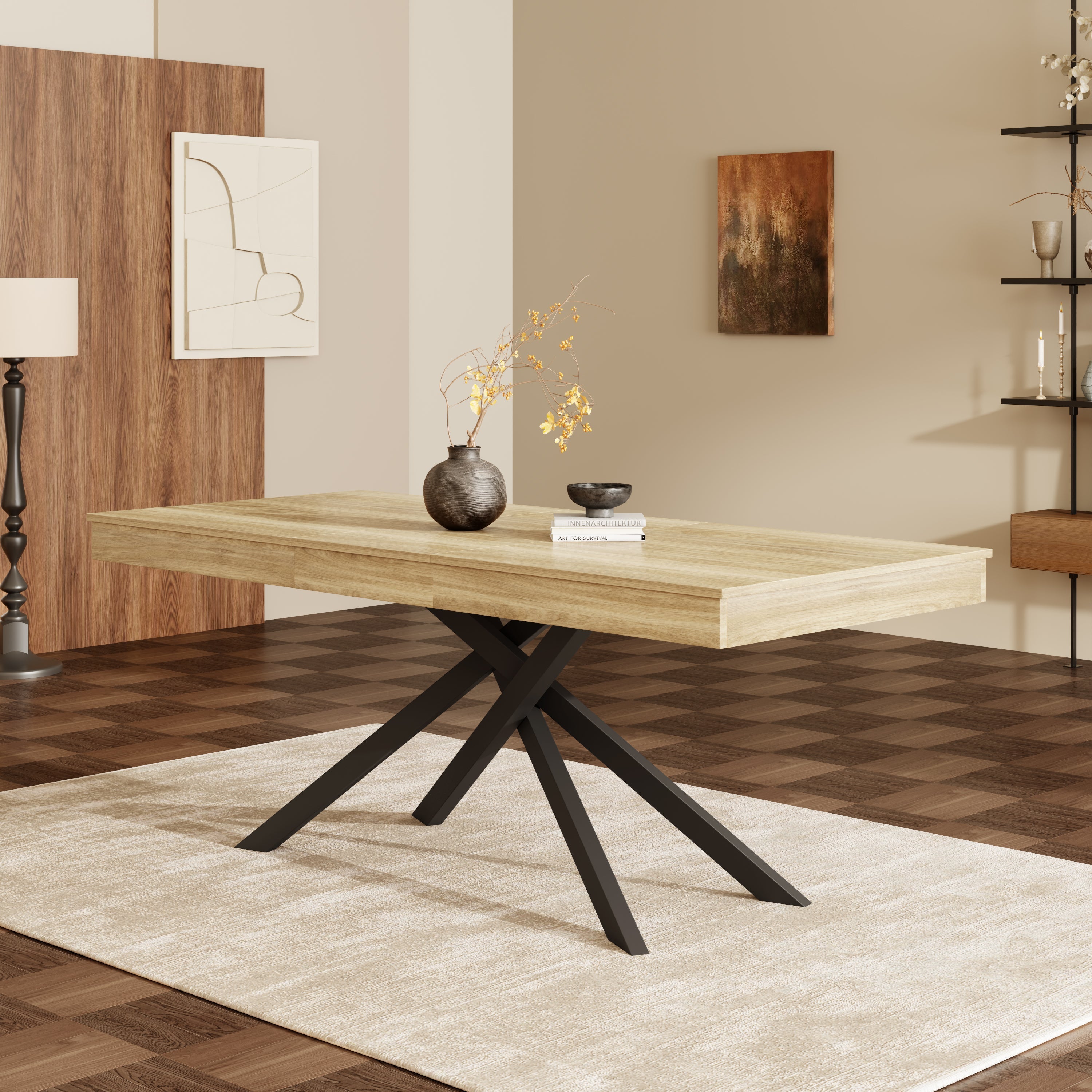 Extendable Dining Table 140/180x80cm 6-8 Person Metal Legs Oak Color