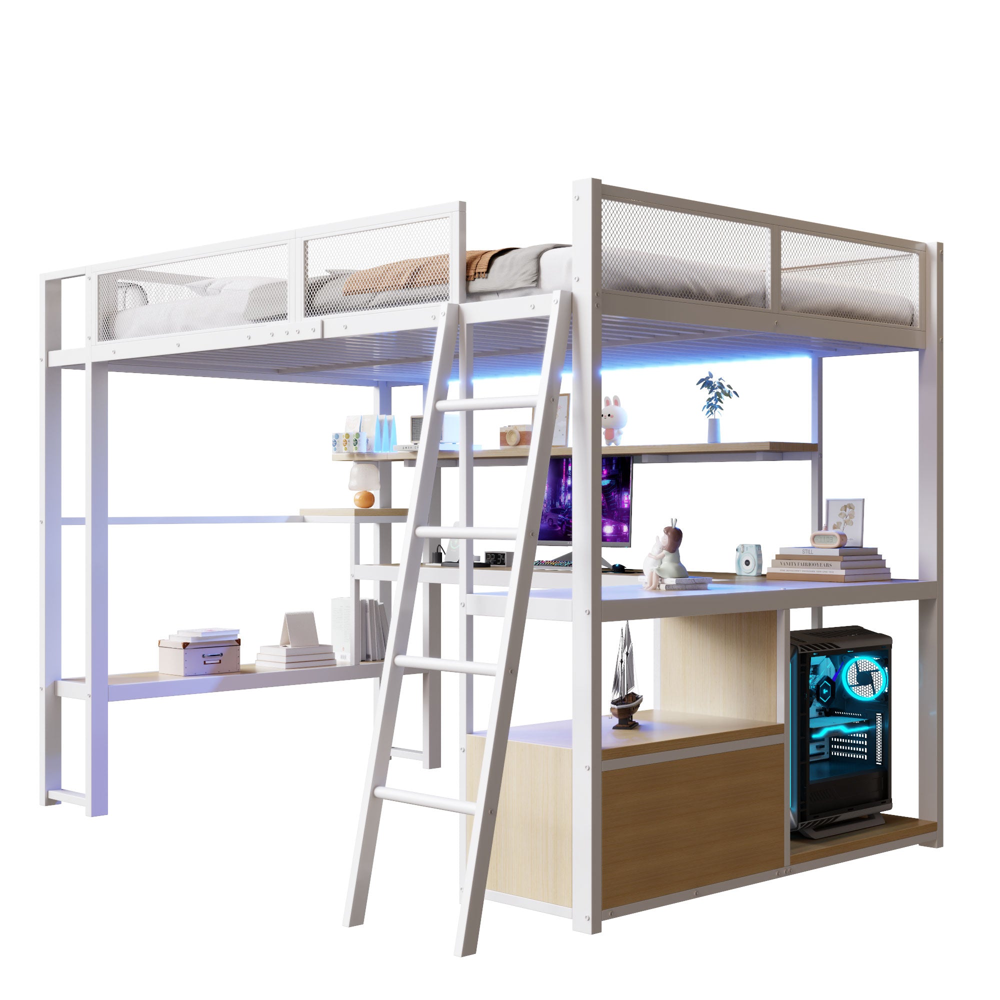 Metal Gaming Loft Bed with Integrated Workspace and LED Lighting, White