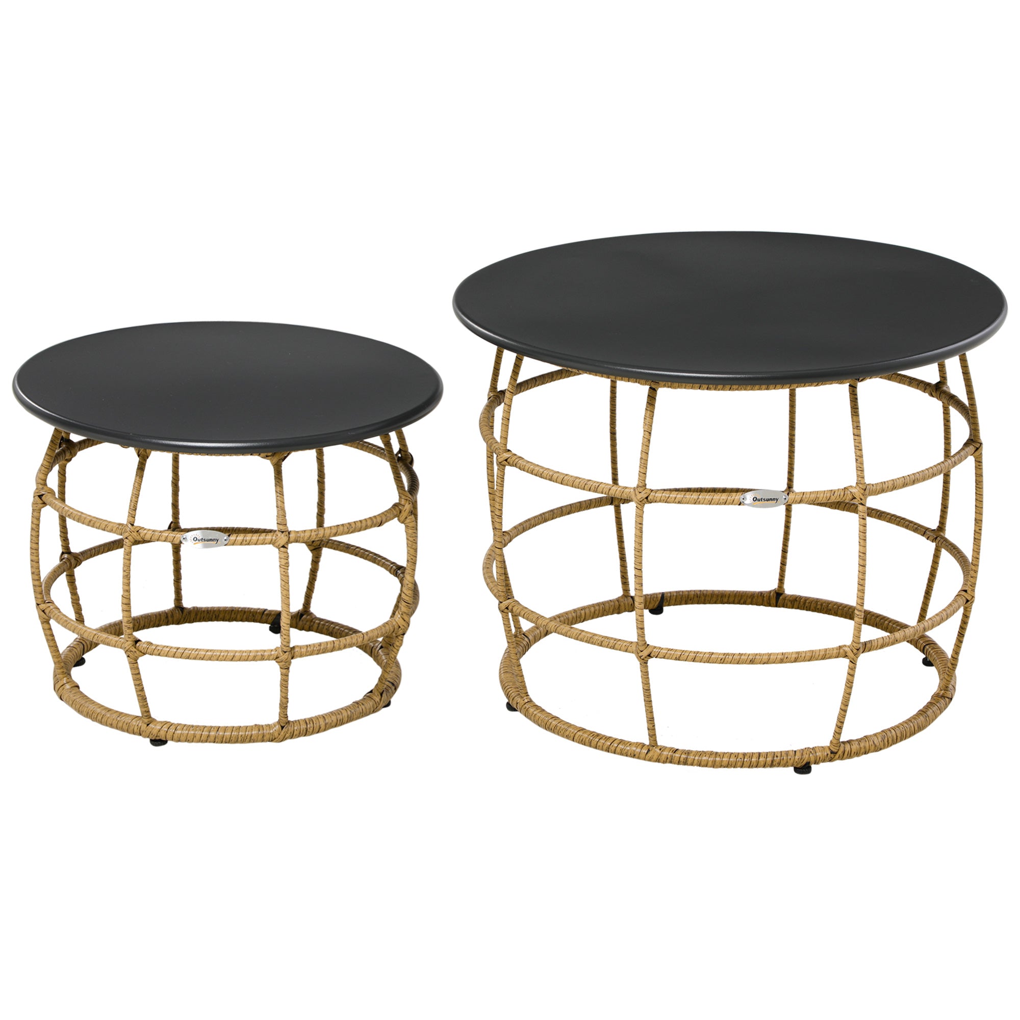 Beistelltisch-Set, 2 Couchtische mit handgeflochtener Tischplatte, Sand