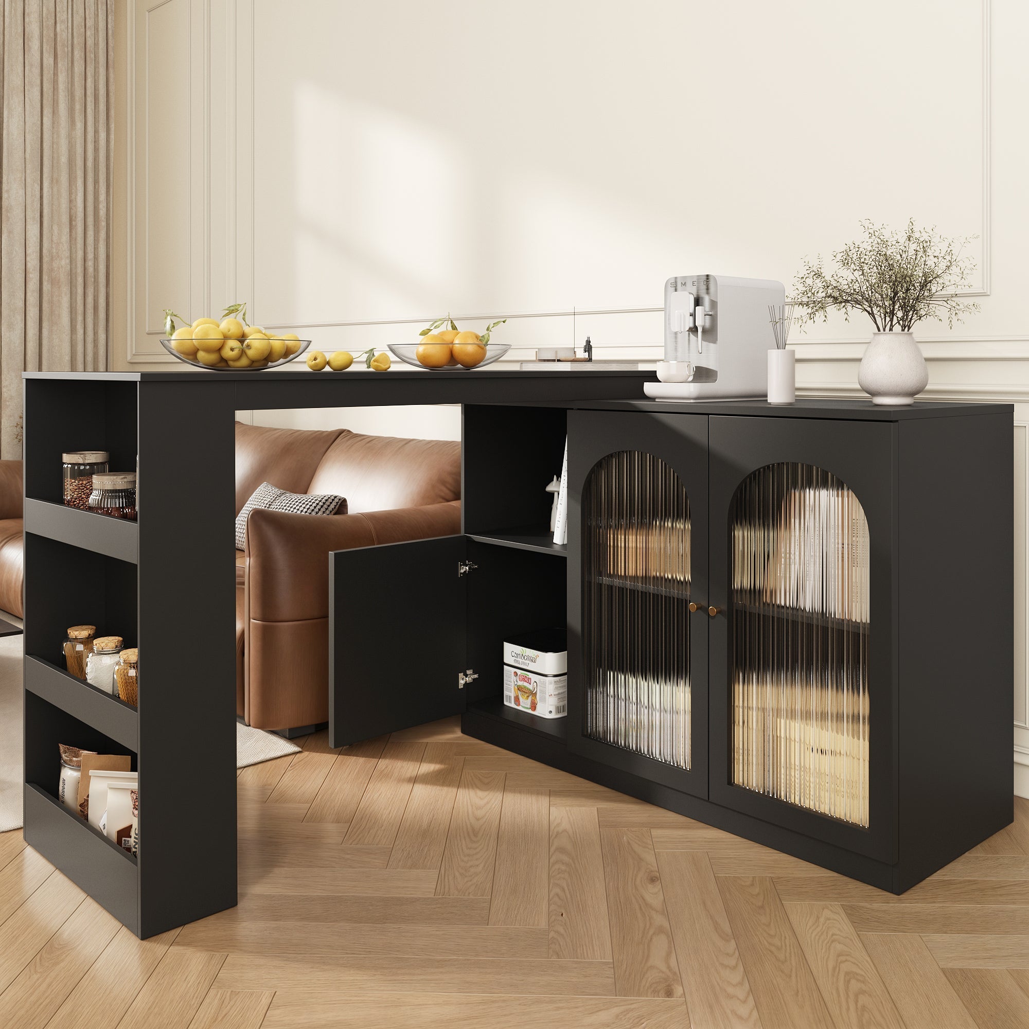 360° Rotating Bar Table with Dining & Bar Cabinet, Multifunctional Storage & Glass Door, Black