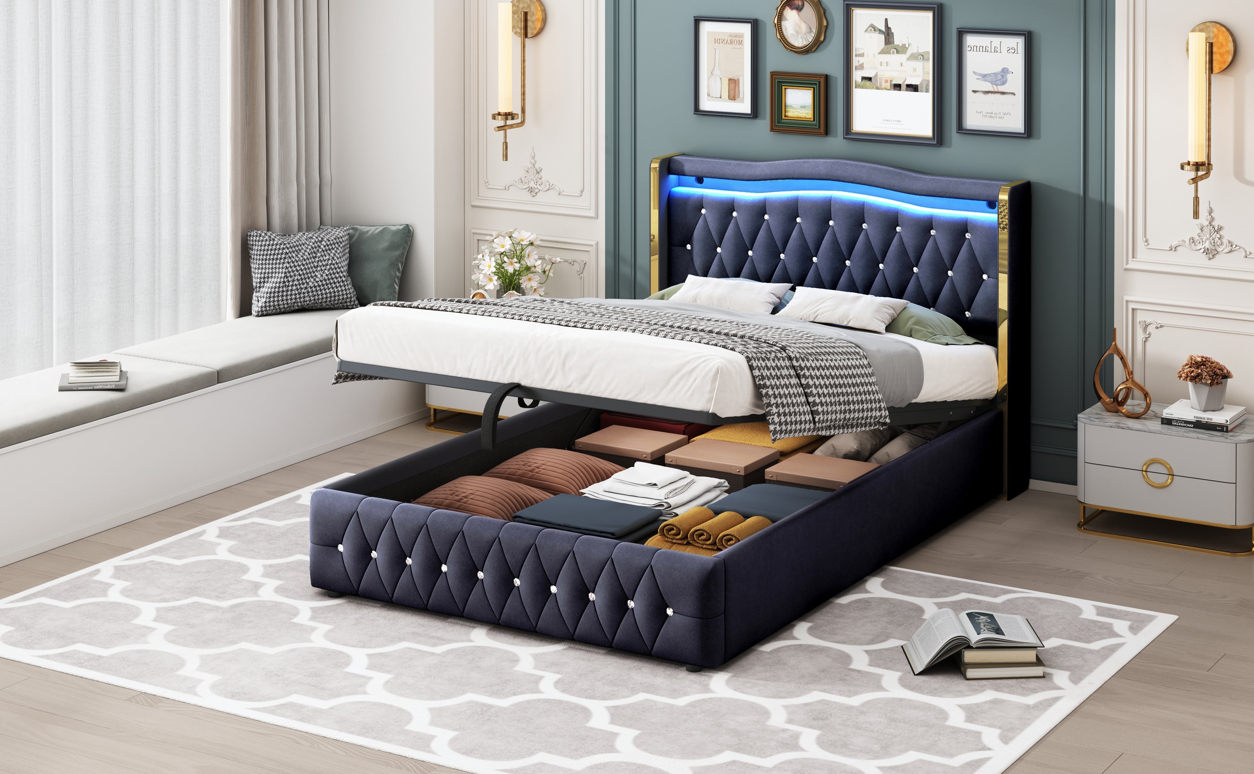 Upholstered Bed, 140x200cm LED Hydraulic Storage, Velvet Black