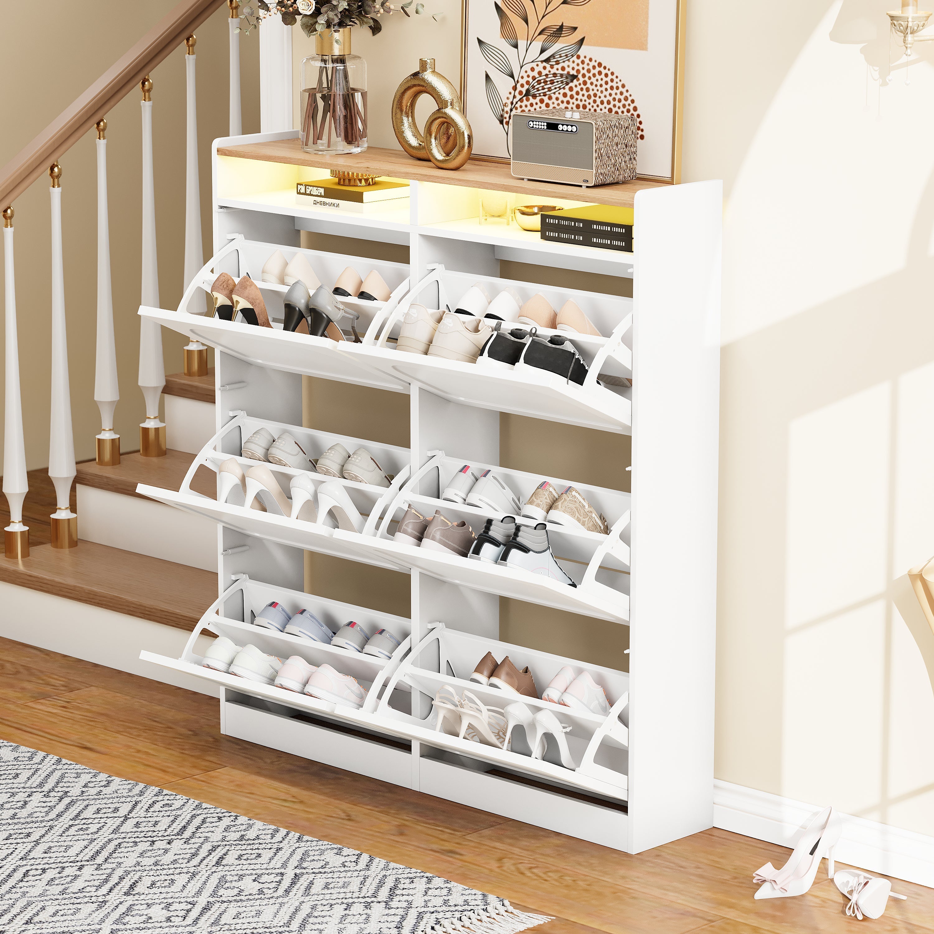 Shoe Cabinet 6 Drop-Down Compartments LED Lighting Open Storage White Natural Finish
