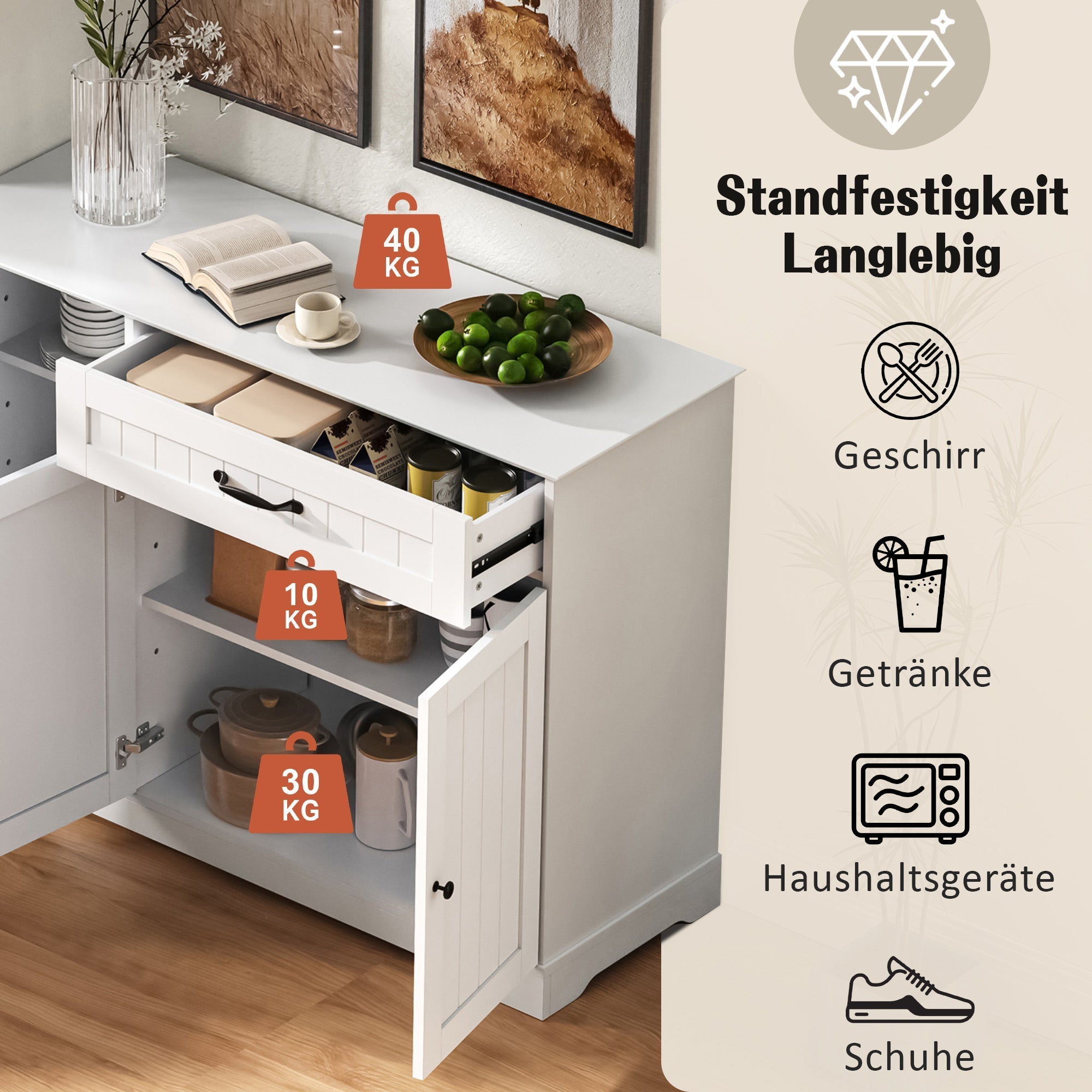 Sideboard Buffet Cabinet 3 Doors 1 Drawer - White