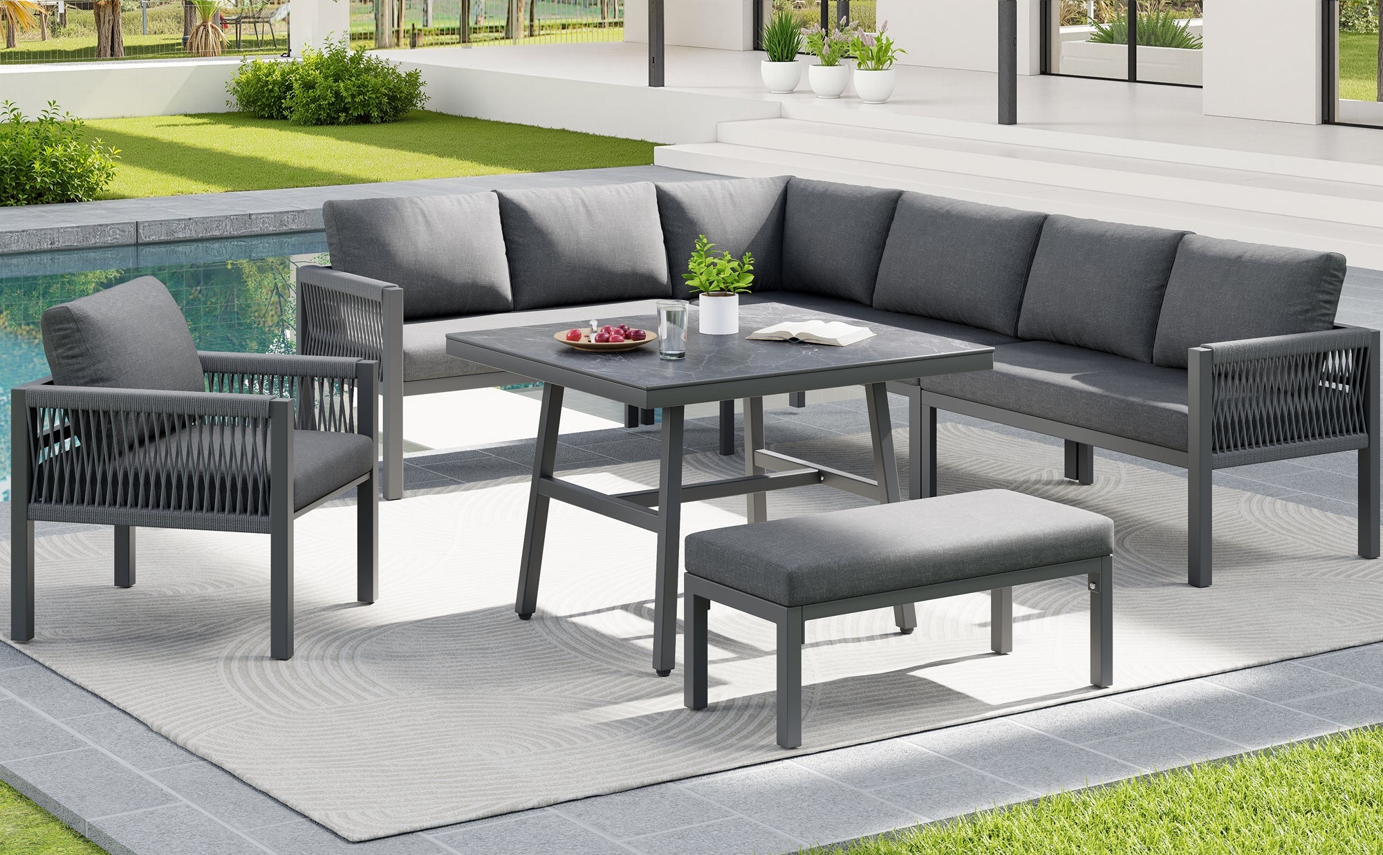 L-Shaped Garden Sofa Set Handwoven 8-Seater Iron Frame Table 2 Armchairs - Grey