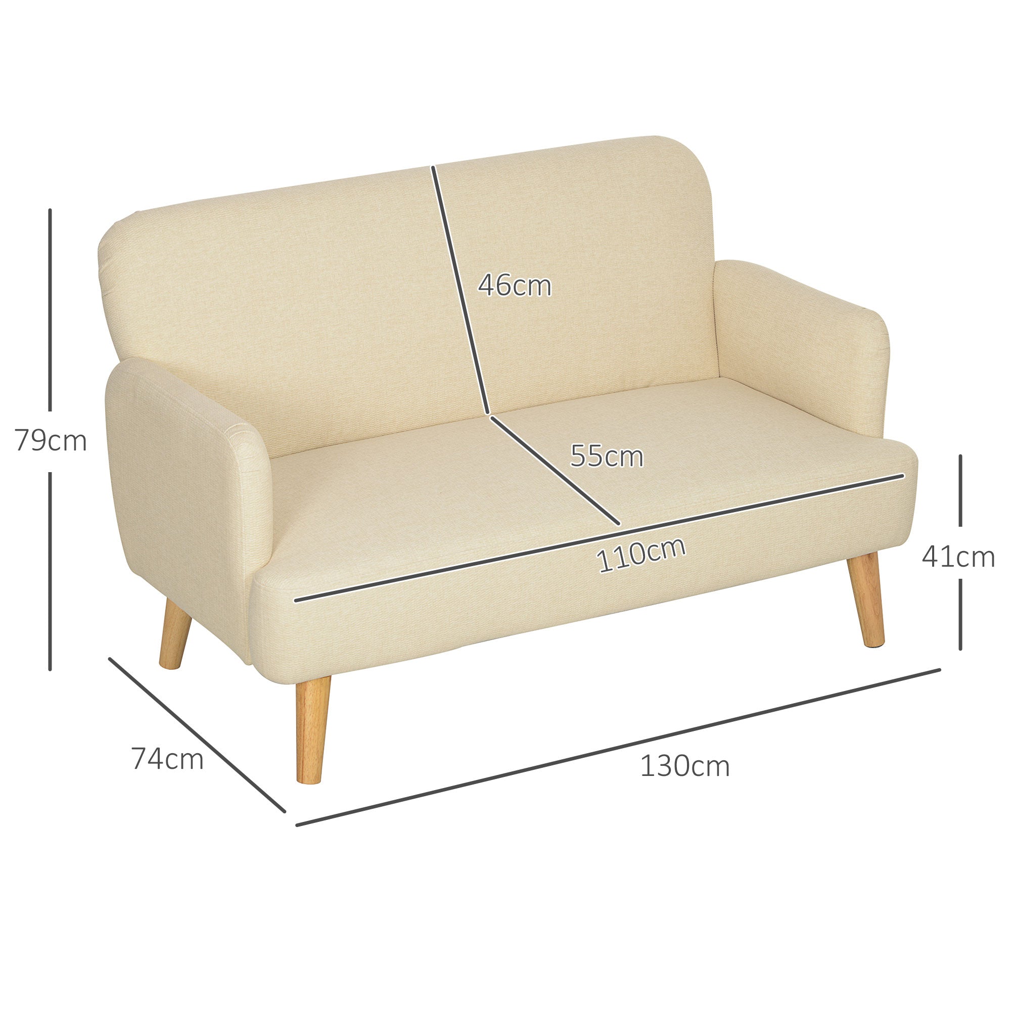 2-Seater Sofa, Upholstered Velvet Look with Wooden Legs, Cream White