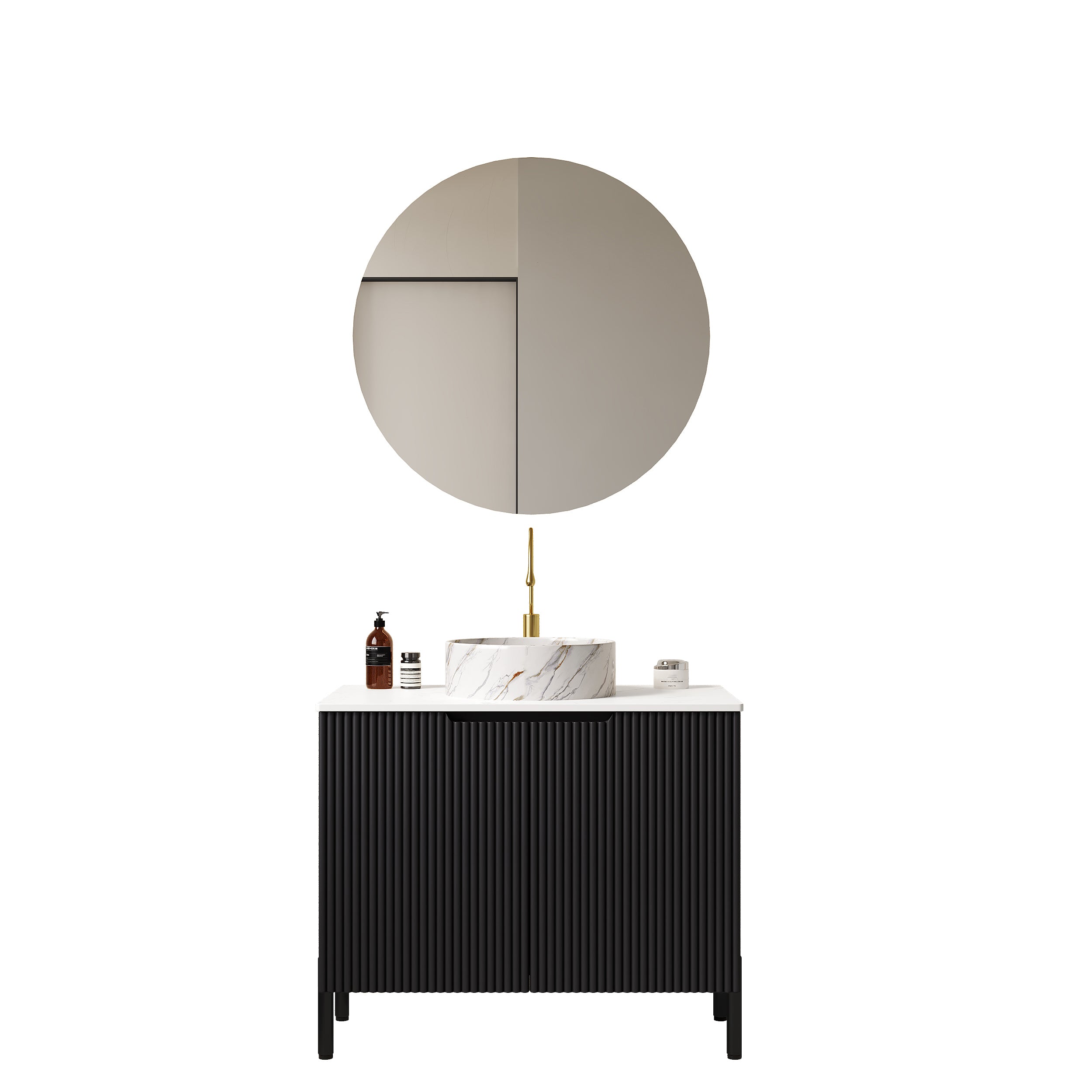TURIO 76cm Freestanding Bathroom Vanity Unit with White Ceramic Basin and Double Doors, Black Finish