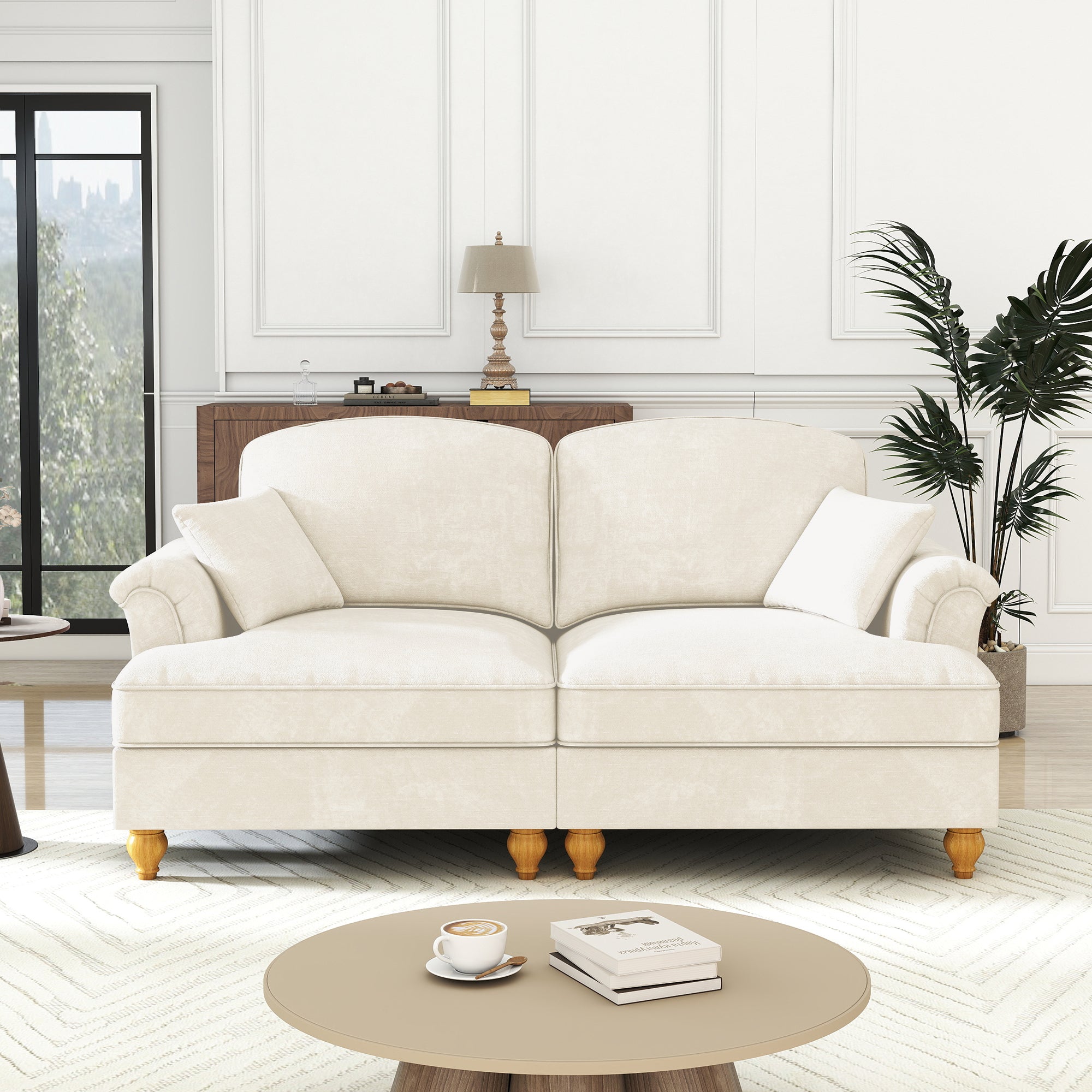 Sofa 2-Seater Mid-Century Modern Flared Arm Chenille - White