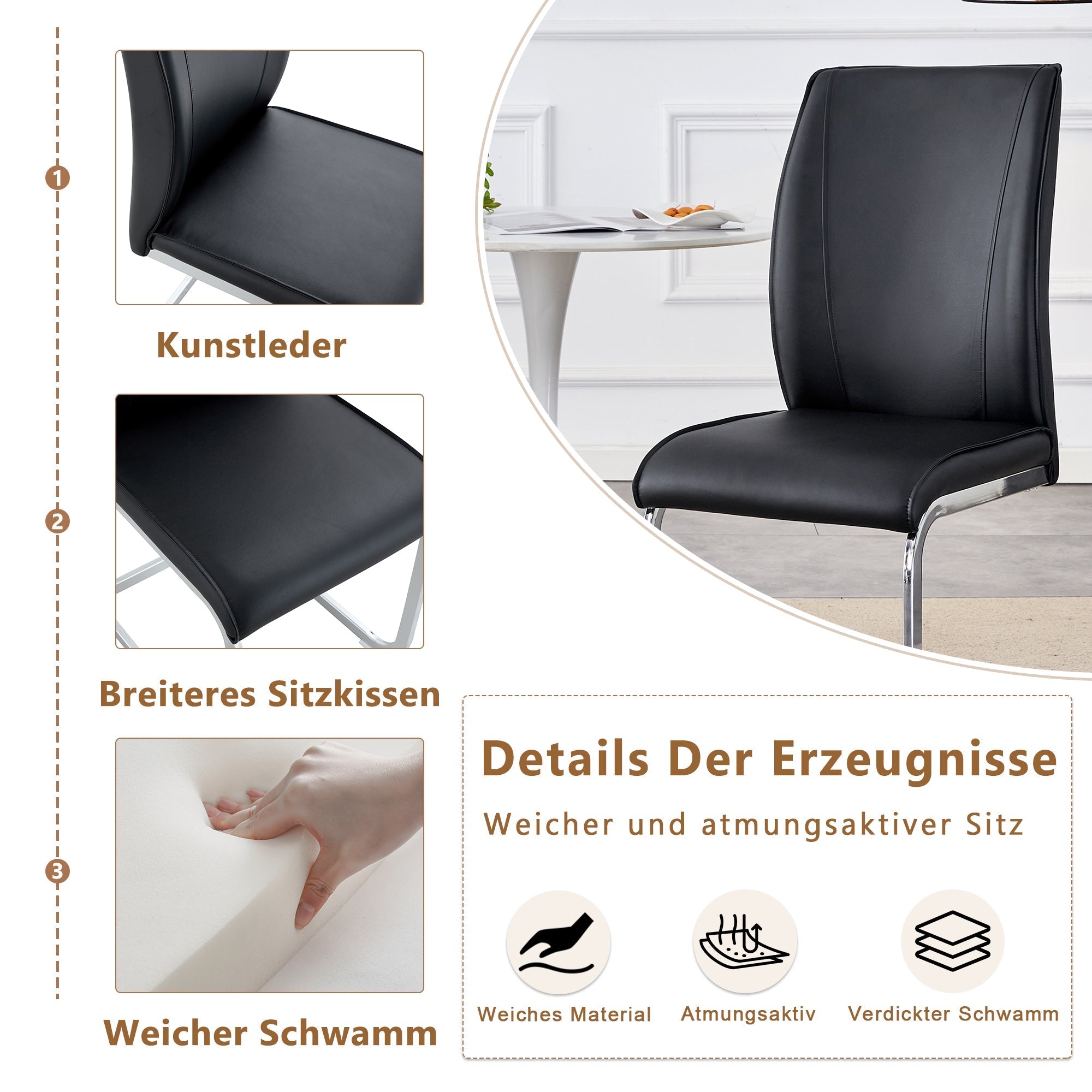 Stühle (4er-Set), bequem mit silberfarbenen Metallbeinen, schwarzes PU