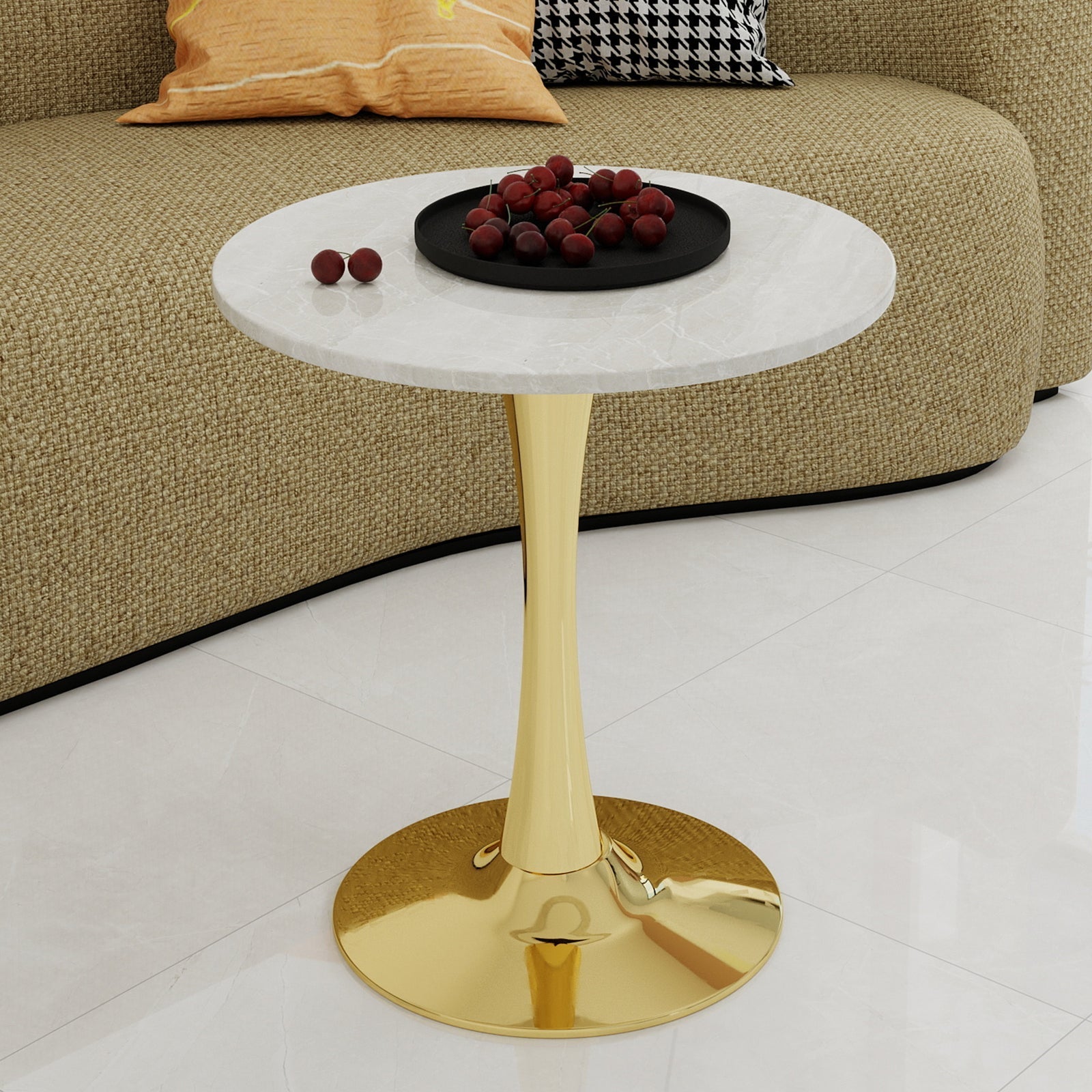 Coffee/Dining Table Round Marble Mid-Century Modern 27.6-inch - Golden Finish