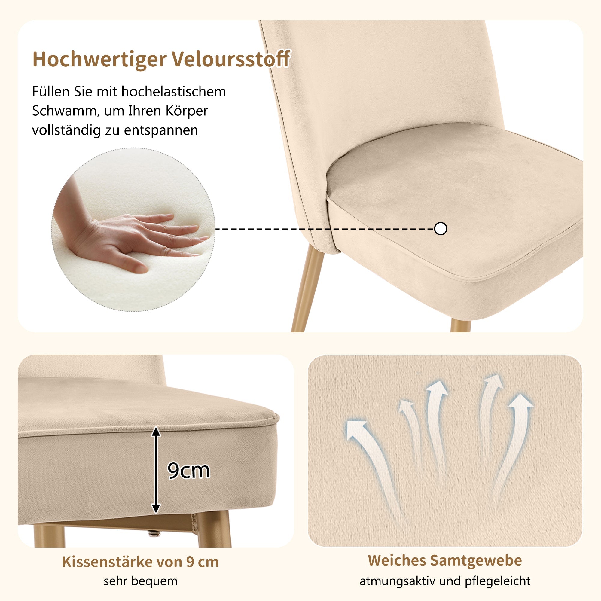 Dining Chairs, Modern Velvet with Golden Metal Legs, Beige (Set of 4)