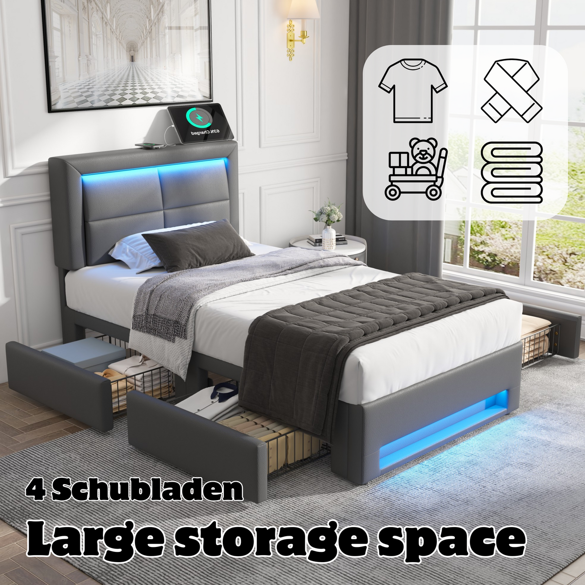 Upholstered Bed 90x200cm USB/Wireless Charging LED Lights 4 Drawers PU Lychee Pattern Grey