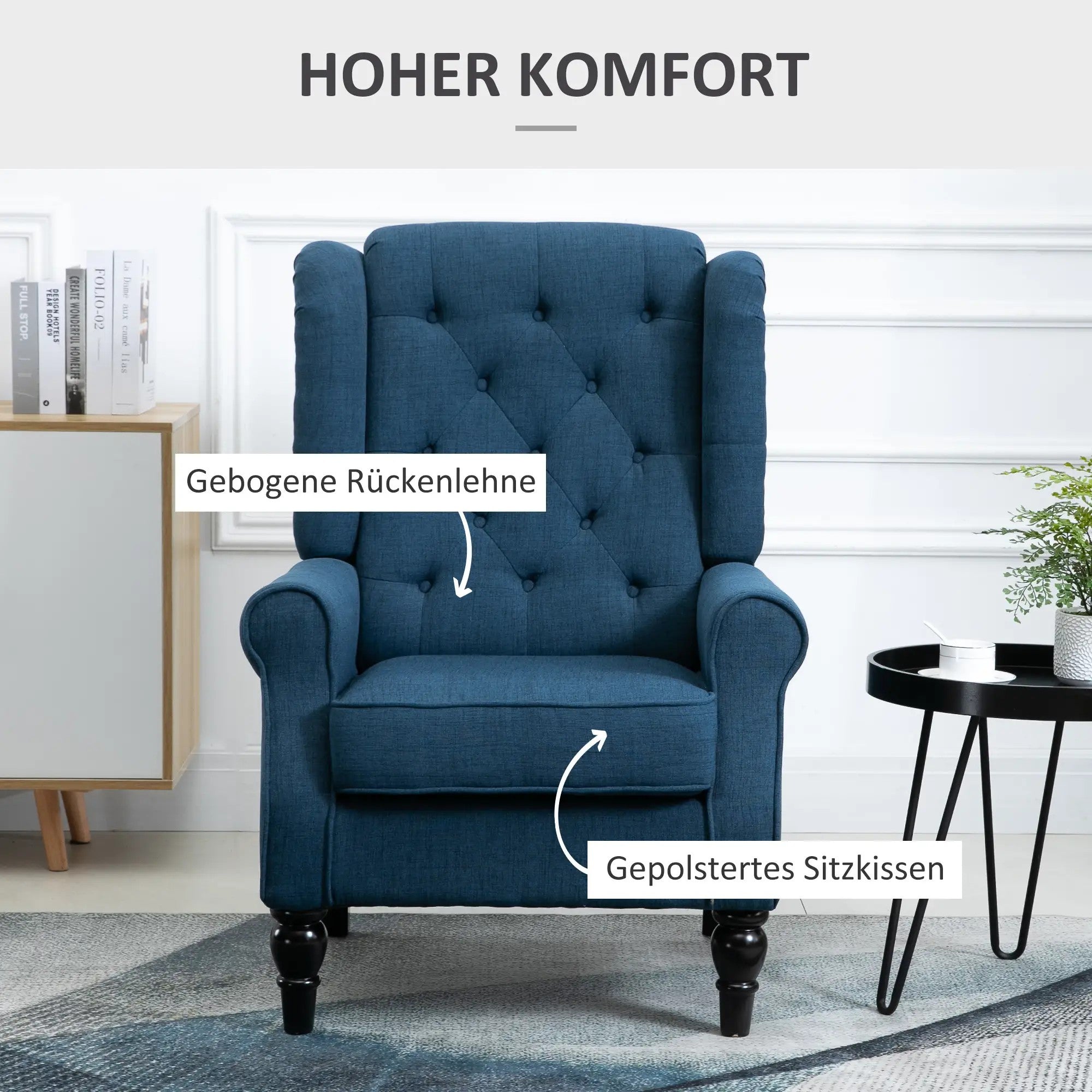 Tufted Wingback Chair High Backrest Rounded Armrests Wooden Legs Blue