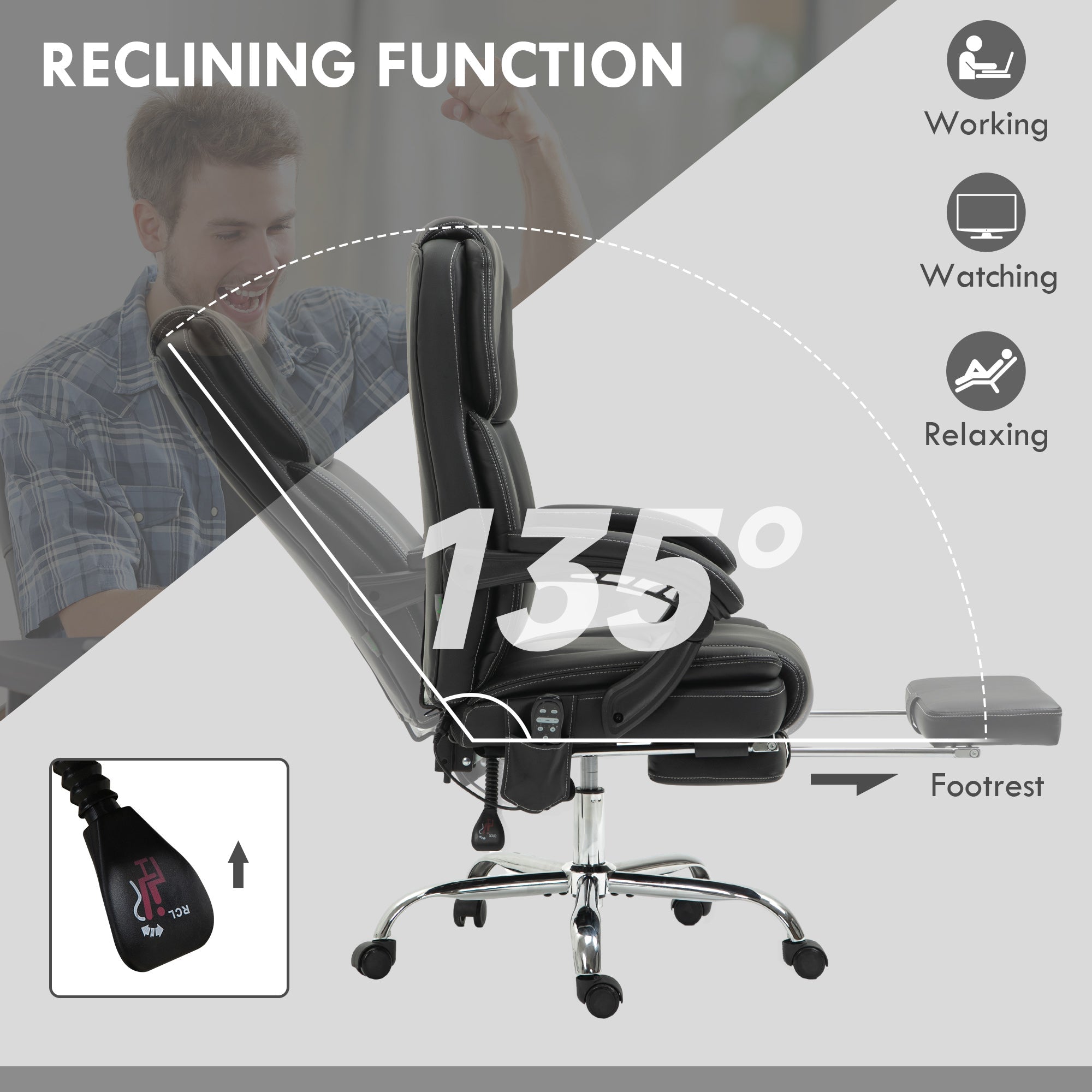 Six Point Vibrating Massage Office Chair with Recline and Footrest, Faux Leather Black