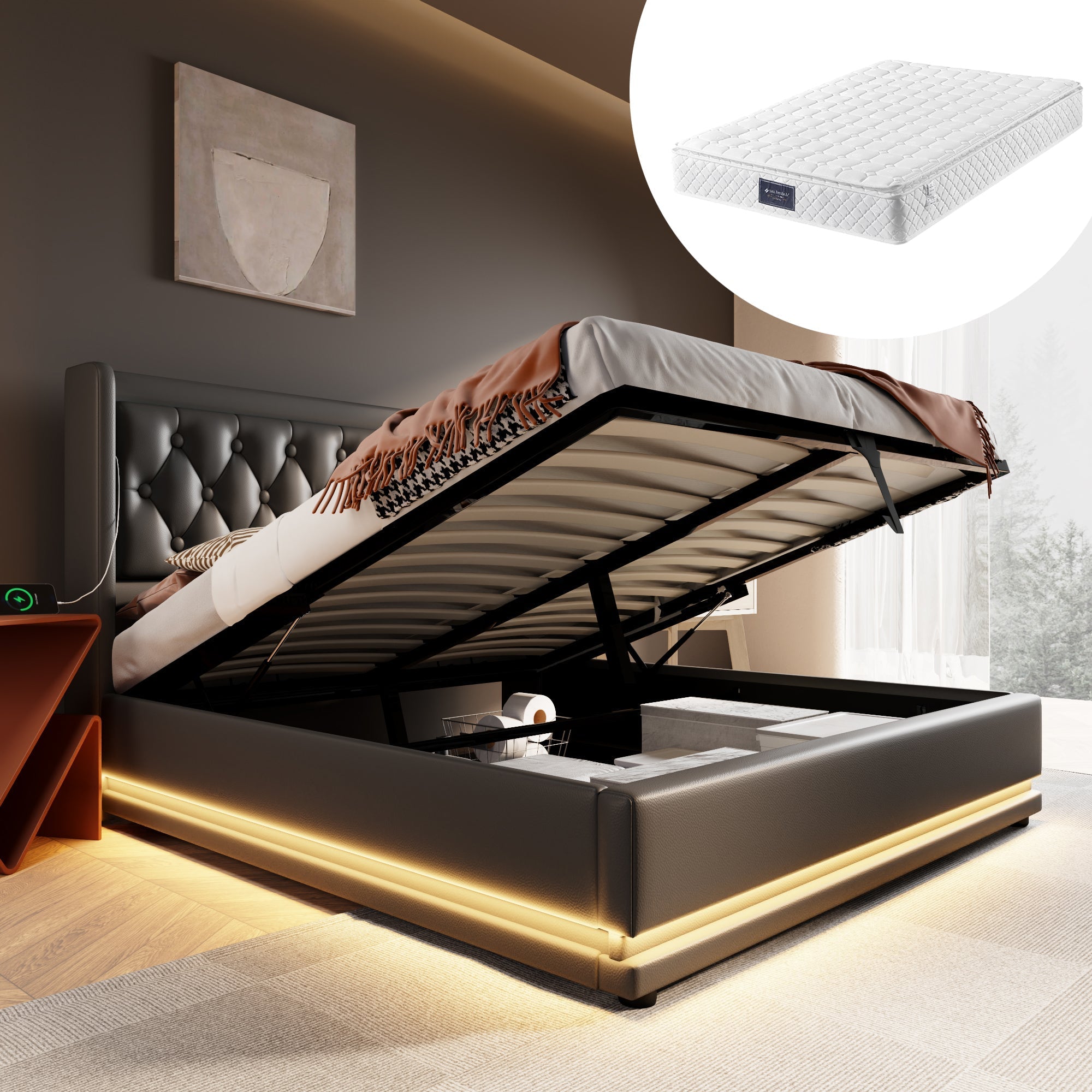 Upholstered Double Bed, 140x200 cm Hydraulic Storage with USB-C Charging & LED, Black PU